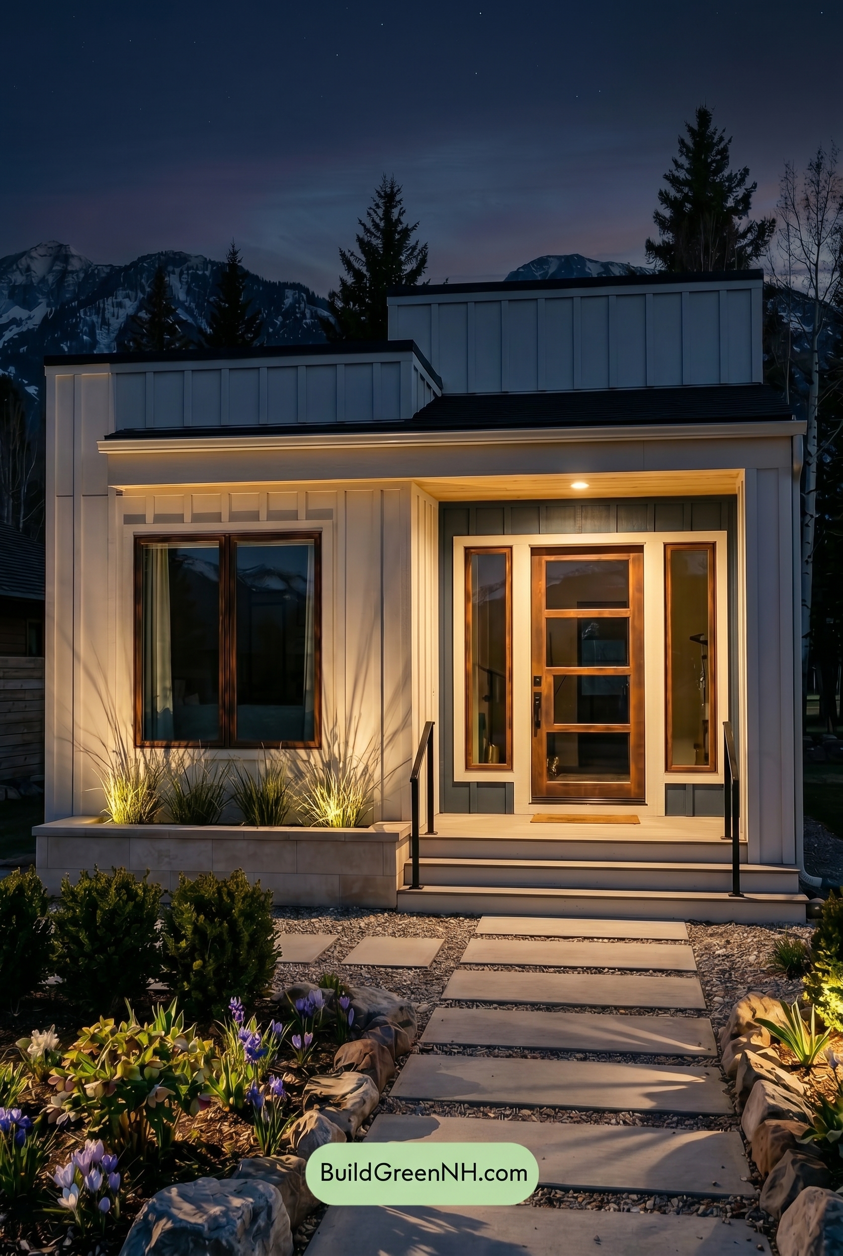 Small Modern Light Grey Exterior Color Scheme: Pale Grey Ridge - Nighttime
