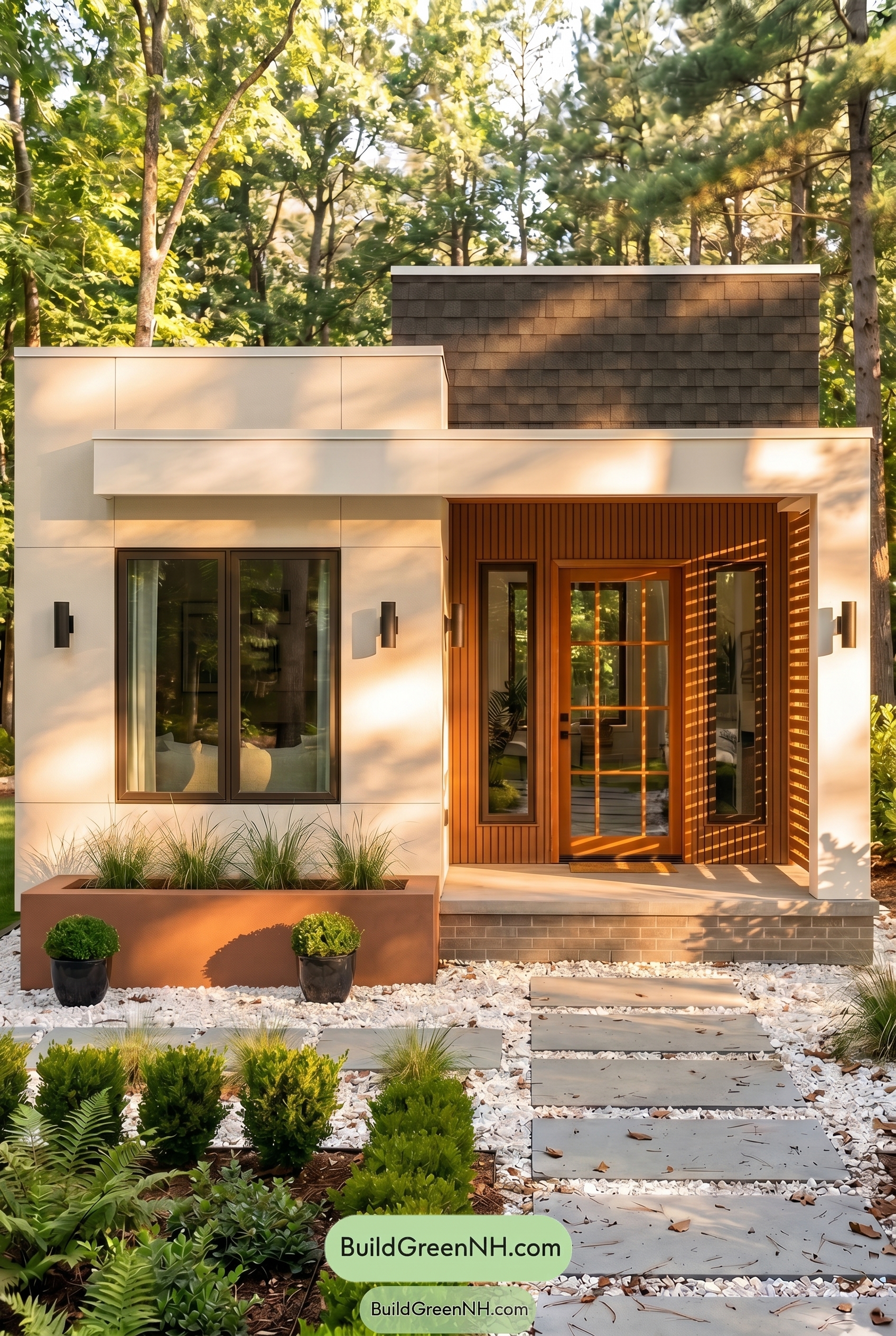Small Modern Light Grey Exterior Color Scheme: Quiet Grey Warmth - Golden Hour