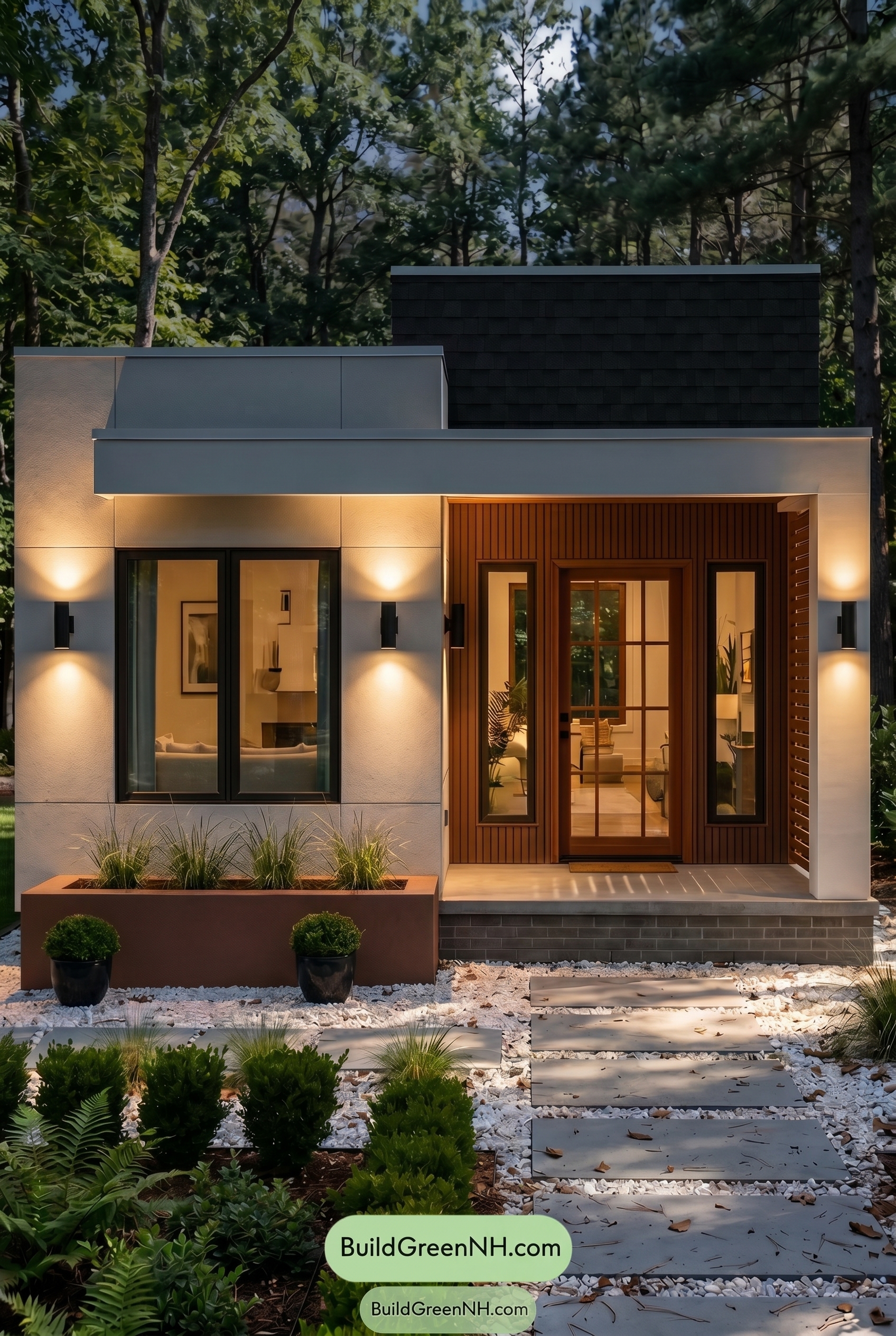 Small Modern Light Grey Exterior Color Scheme: Quiet Grey Warmth - Nighttime