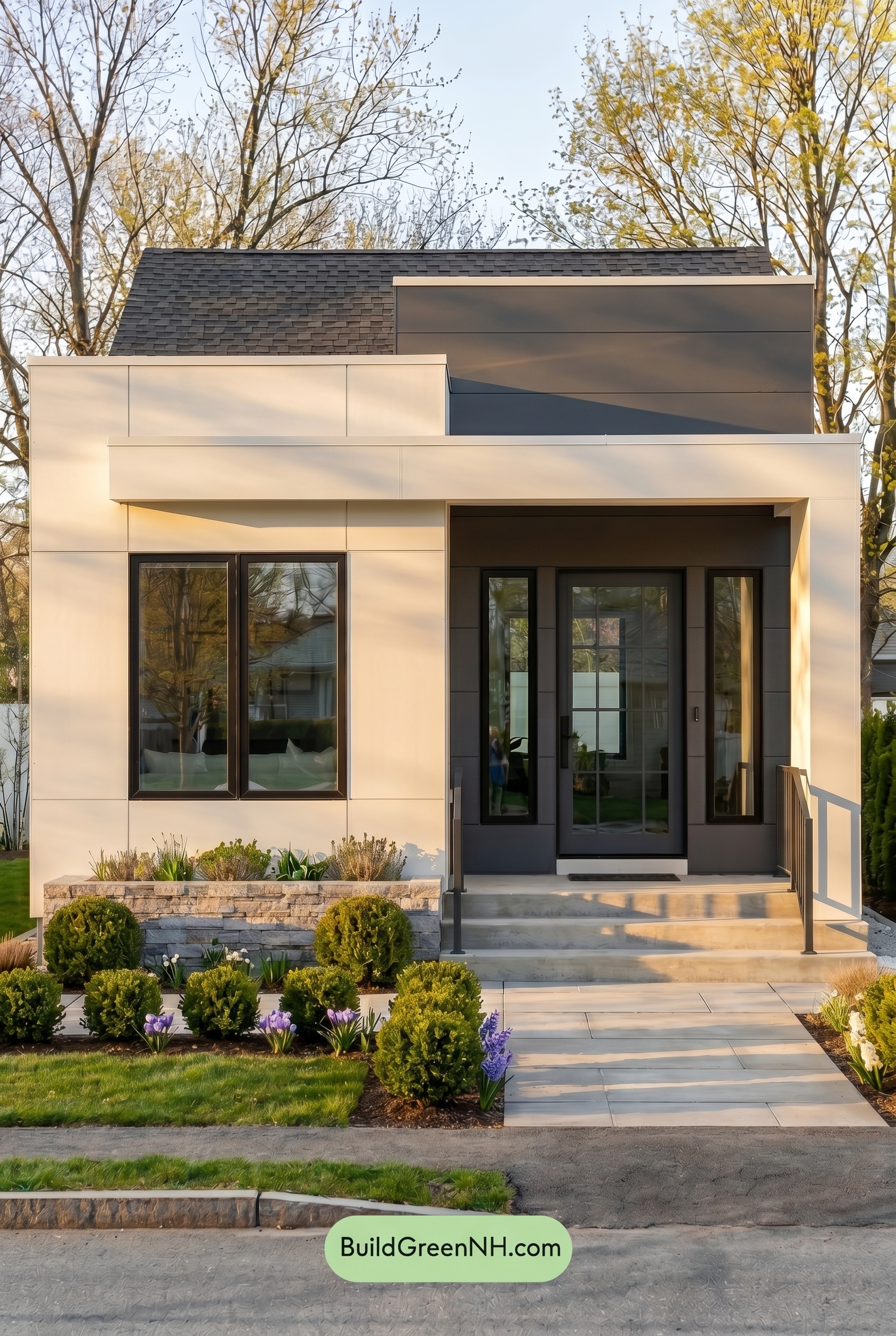 Small Modern Light Grey Exterior Color Scheme: Quiet Pale Contrast - Golden Hour