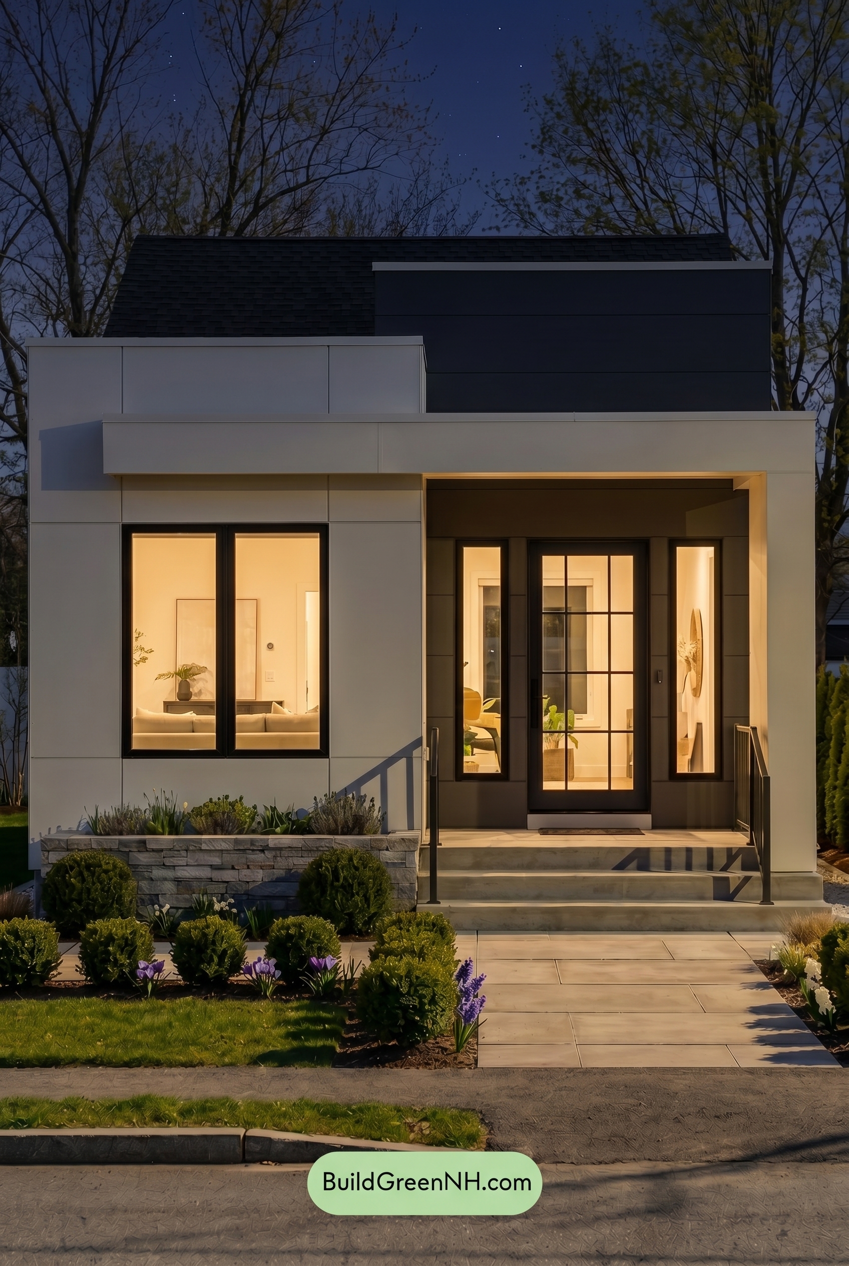 Small Modern Light Grey Exterior Color Scheme: Quiet Pale Contrast - Nighttime