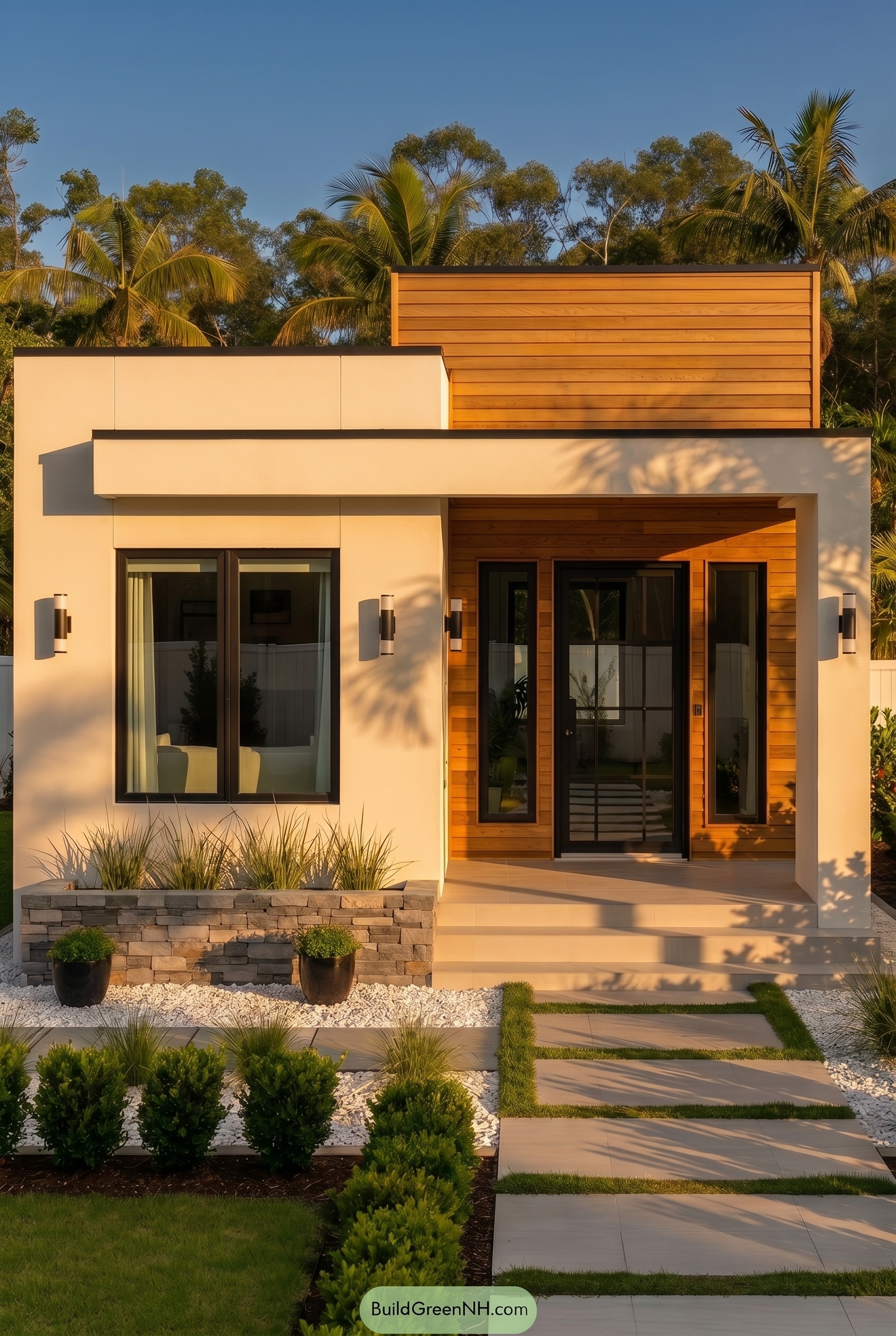 Small Modern Light Grey Exterior Color Scheme: Snug Small Light Grey House - Golden Hour