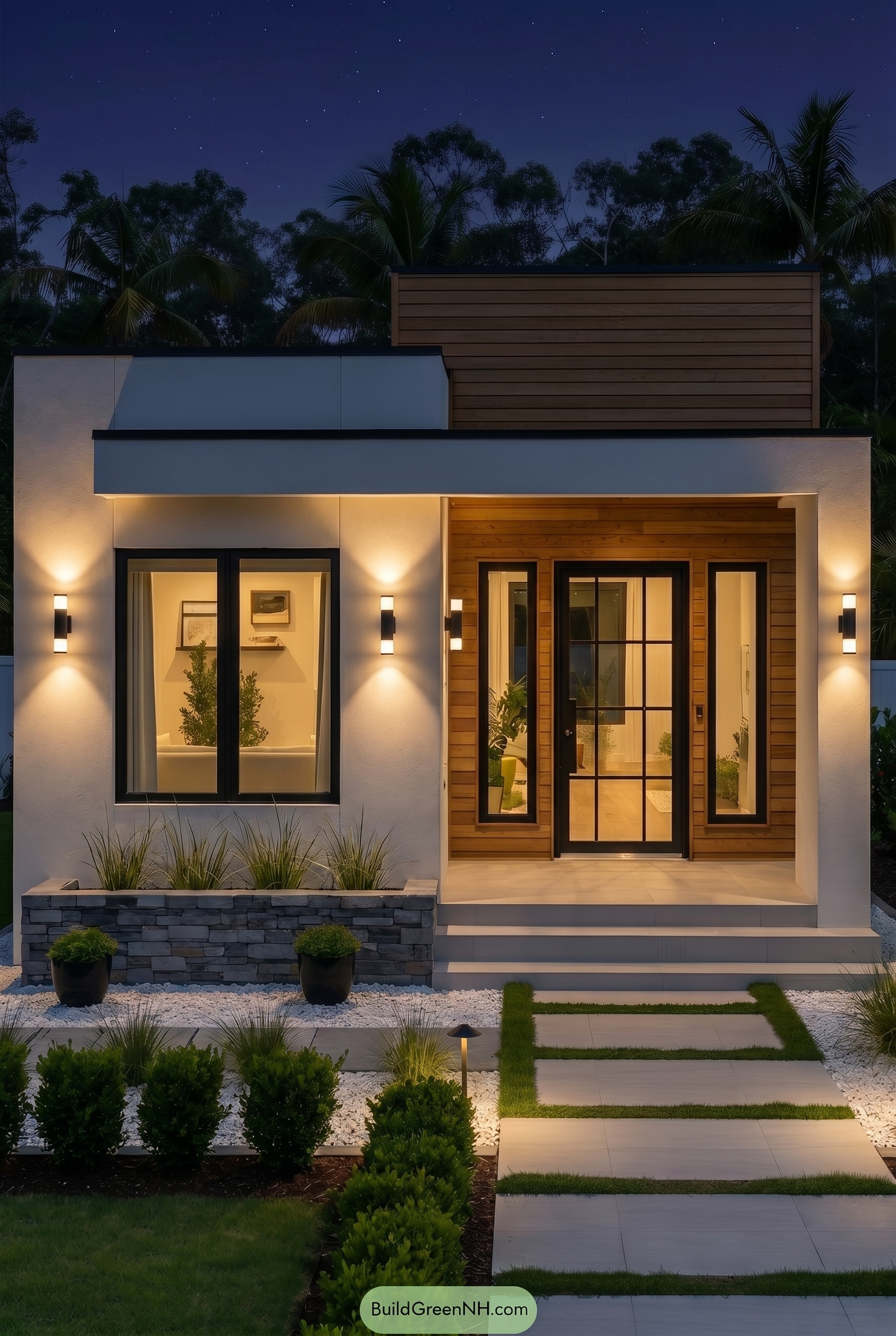 Small Modern Light Grey Exterior Color Scheme: Snug Small Light Grey House - Nighttime