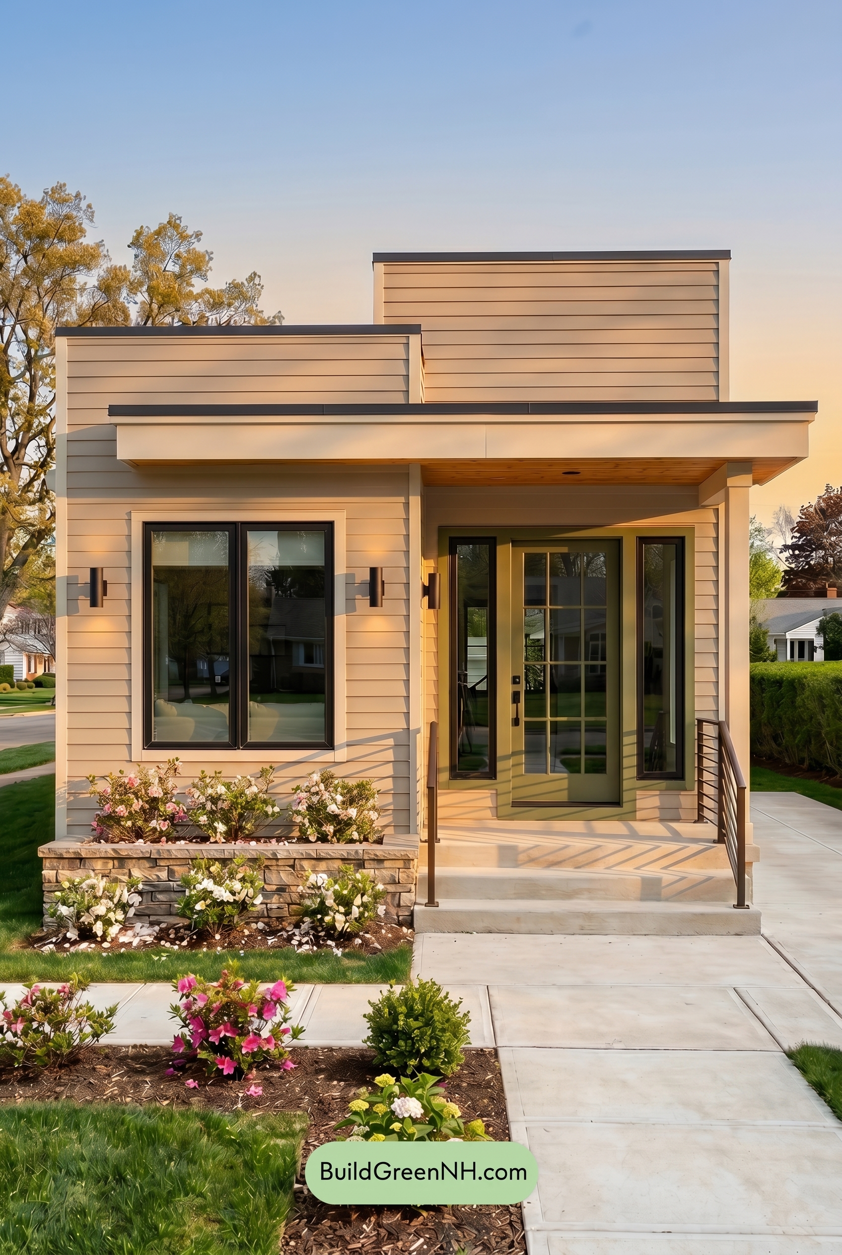 Small Modern Light Grey Exterior Color Scheme: Soft Grey Welcome - Golden Hour