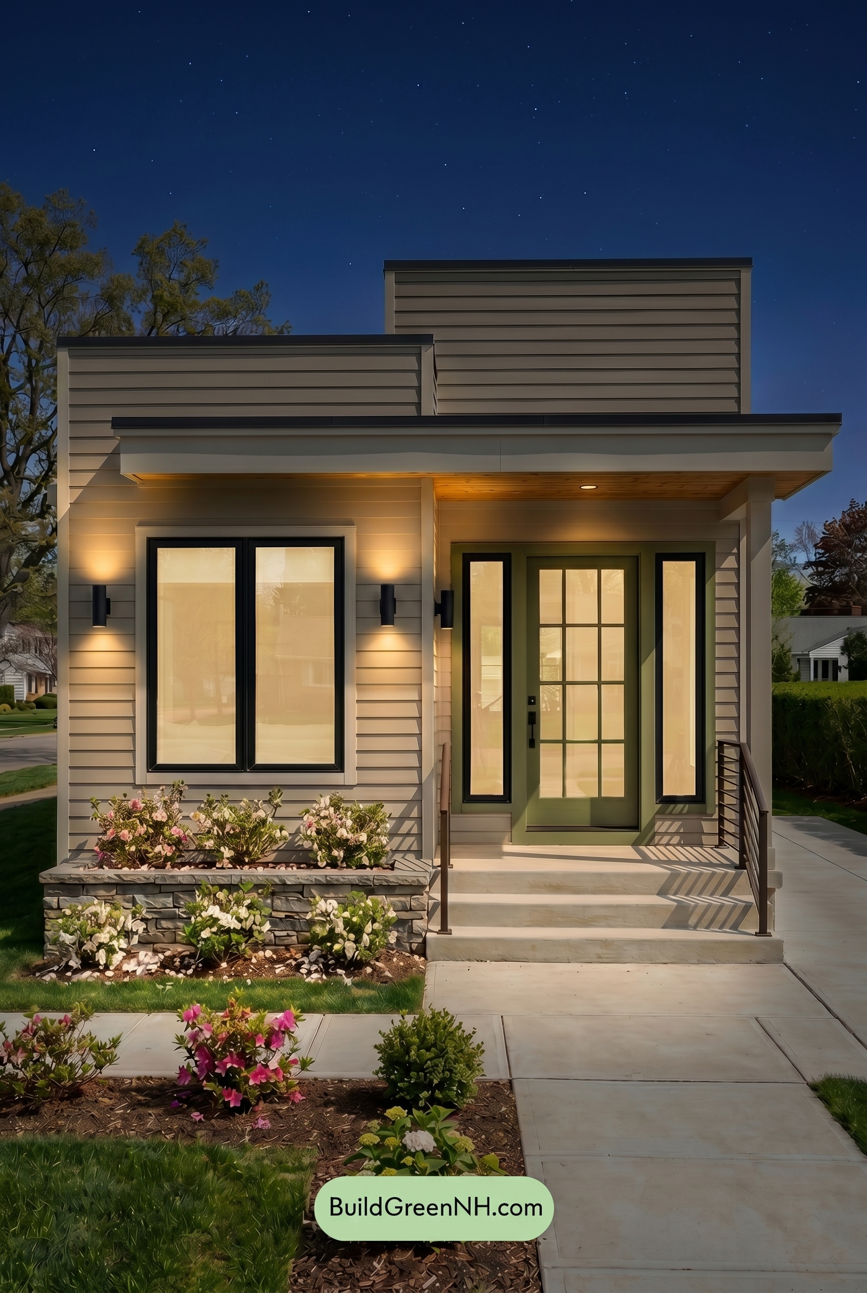 Small Modern Light Grey Exterior Color Scheme: Soft Grey Welcome - Nighttime