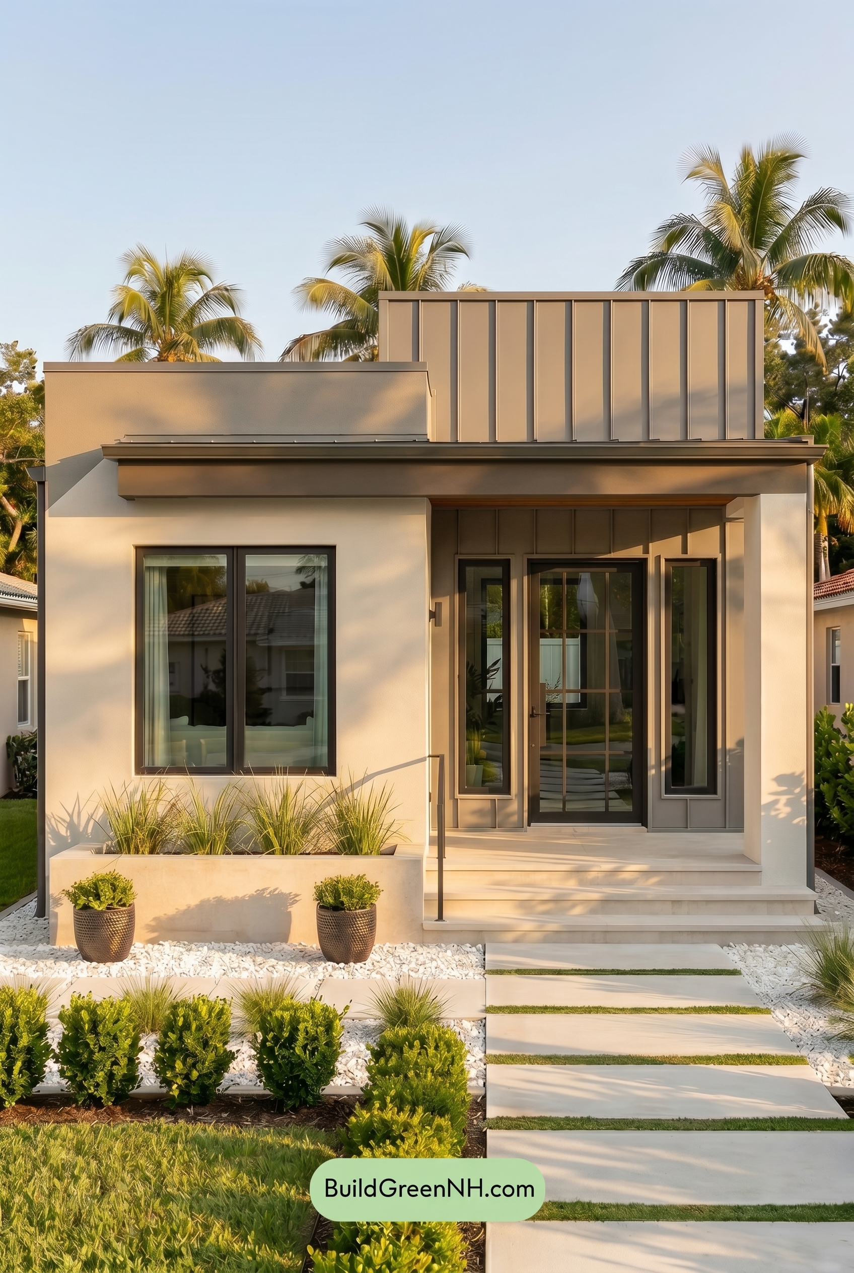Small Modern Light Grey Exterior Color Scheme: Soft Urban Stillness - Golden Hour