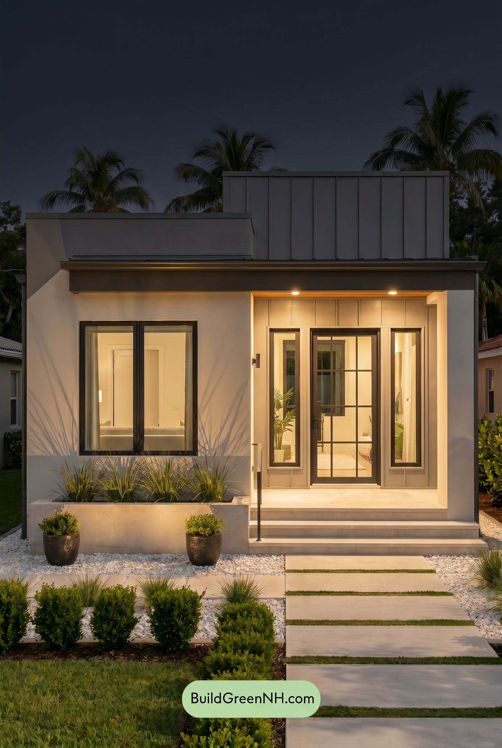 Small Modern Light Grey Exterior Color Scheme: Soft Urban Stillness - Nighttime