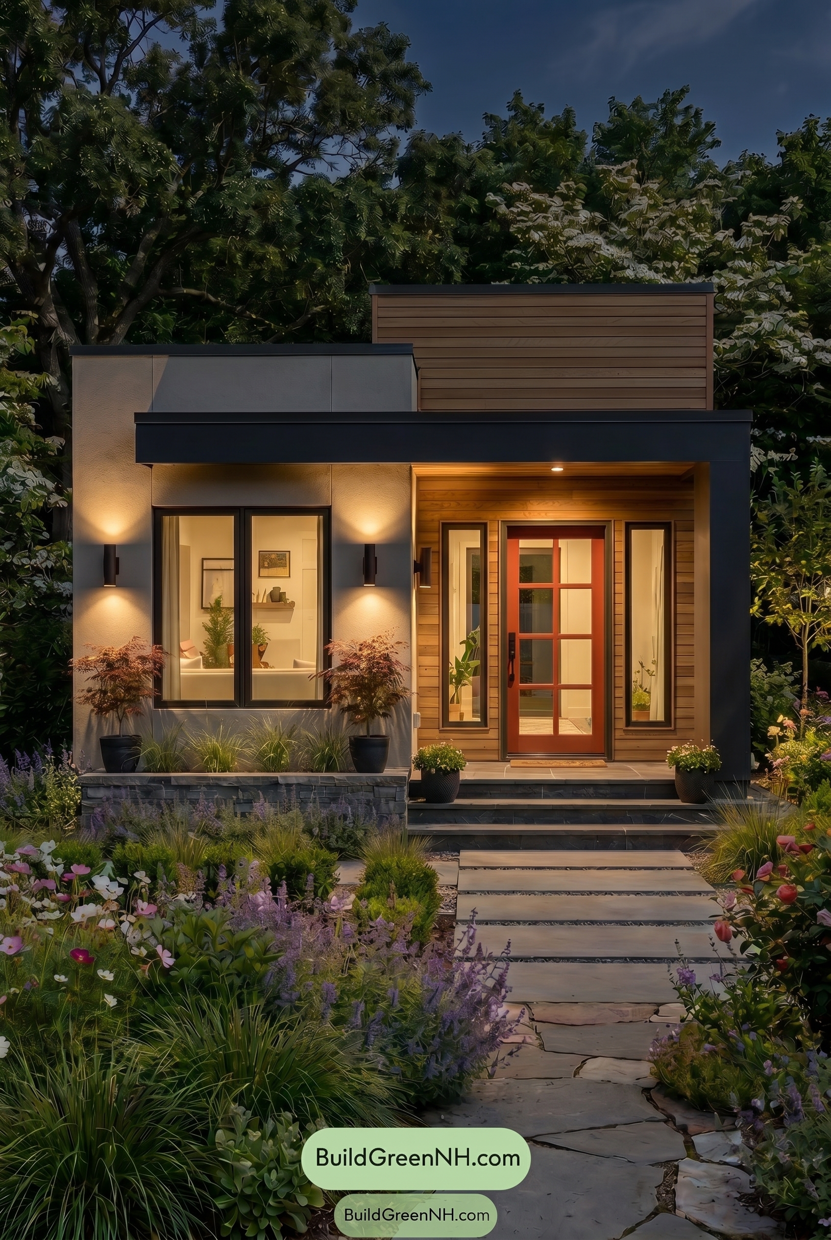 Small Modern Light Grey Exterior Color Scheme: Warm Grey Ember - Nighttime