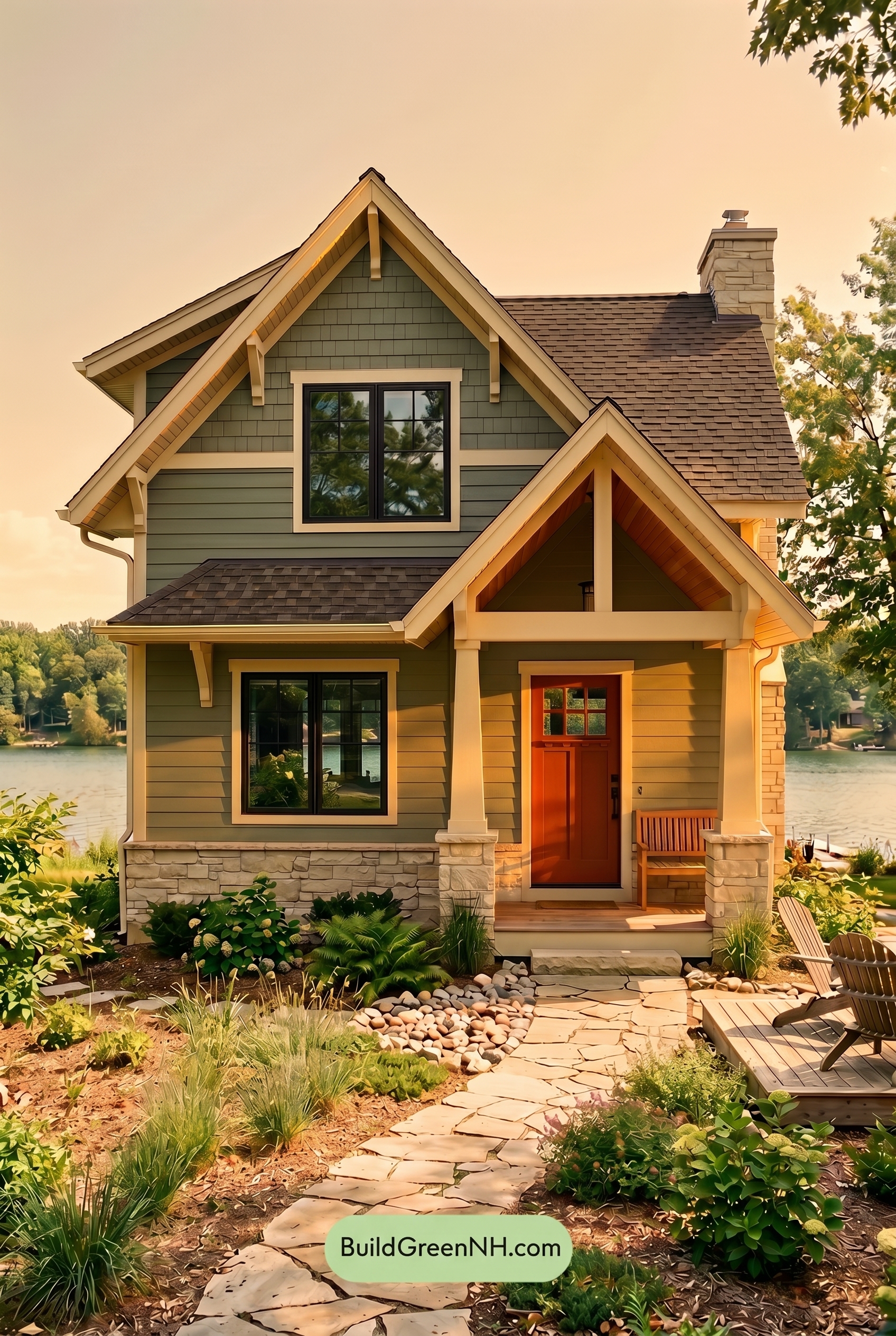 : Soft Green with Warm White and Burnt Red Welcome - Golden Hour