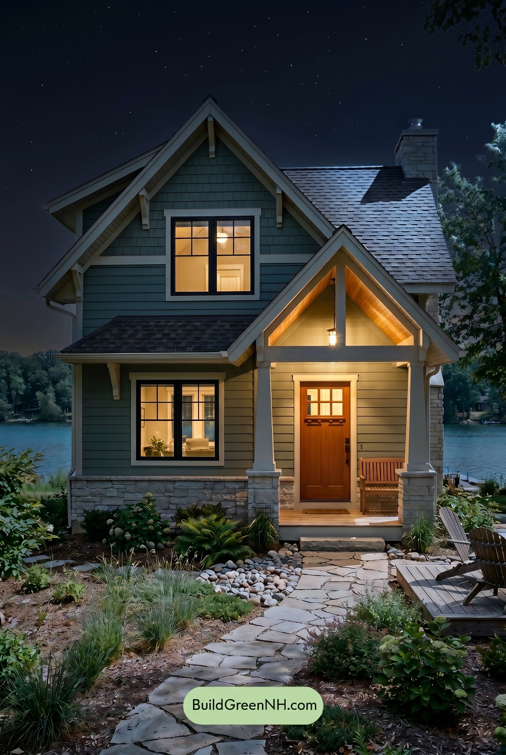 : Soft Green with Warm White and Burnt Red Welcome - Nighttime