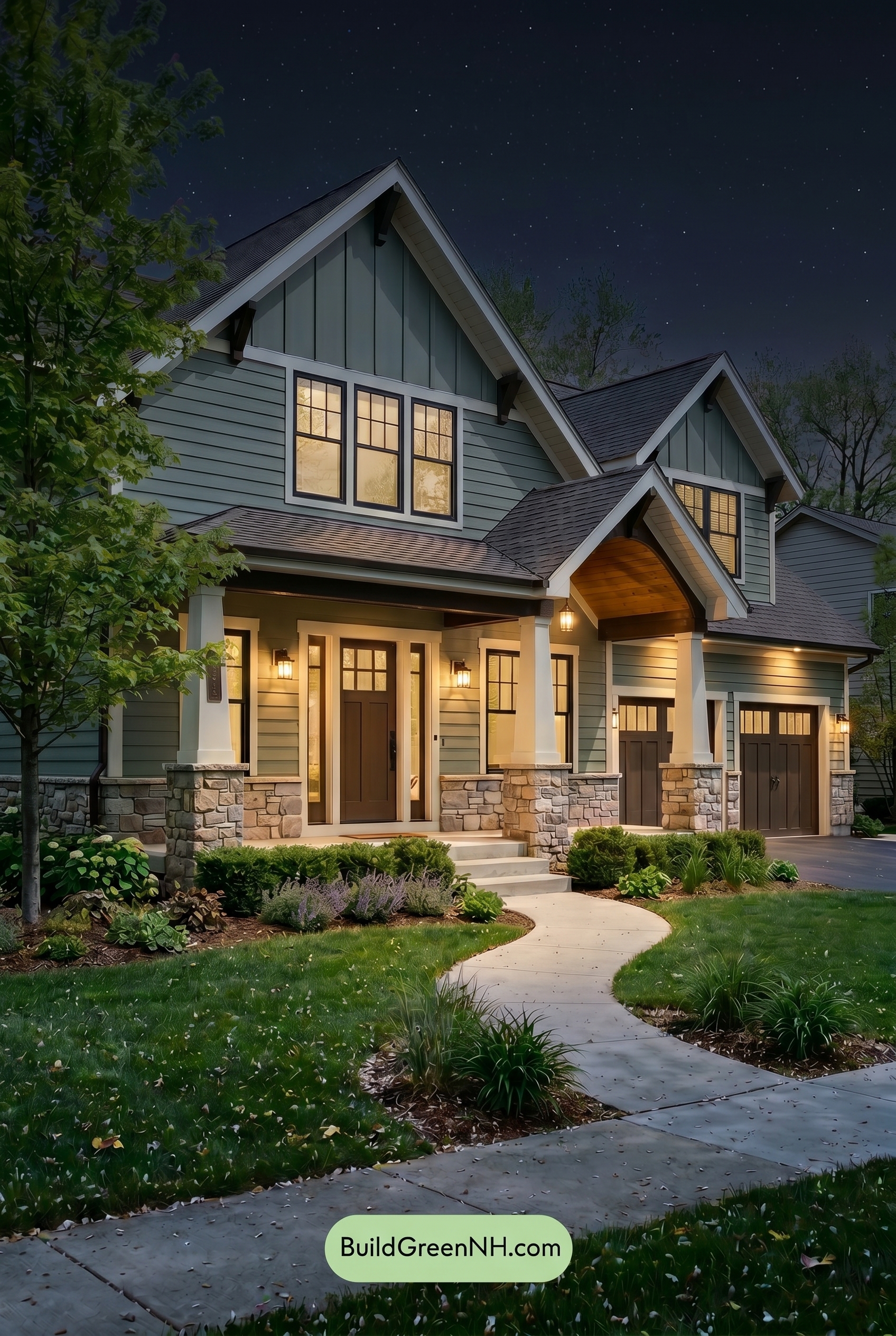 : Soft Sage Porchlight With Cream and Deep Brown - Nighttime