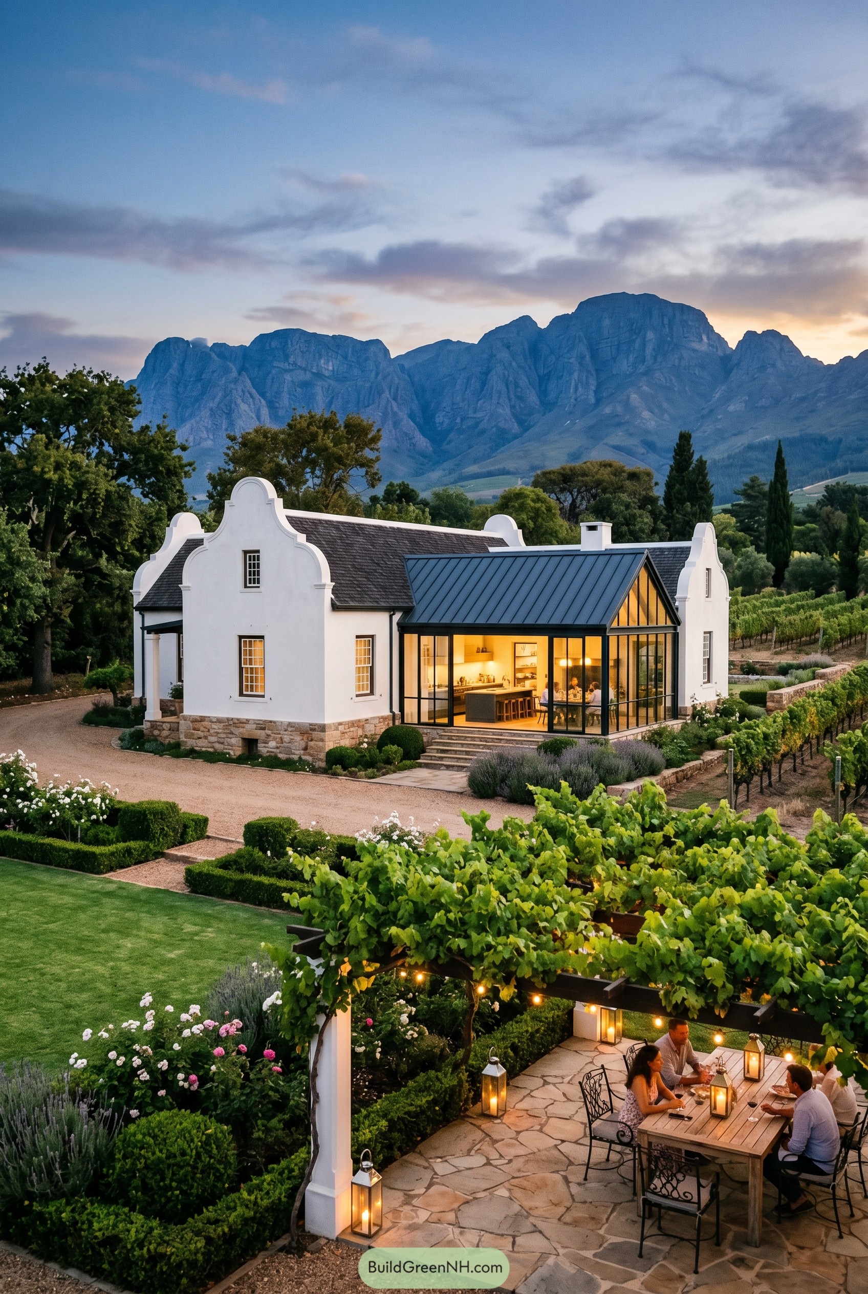 White gabled farmhouse with glass wing in vineyards