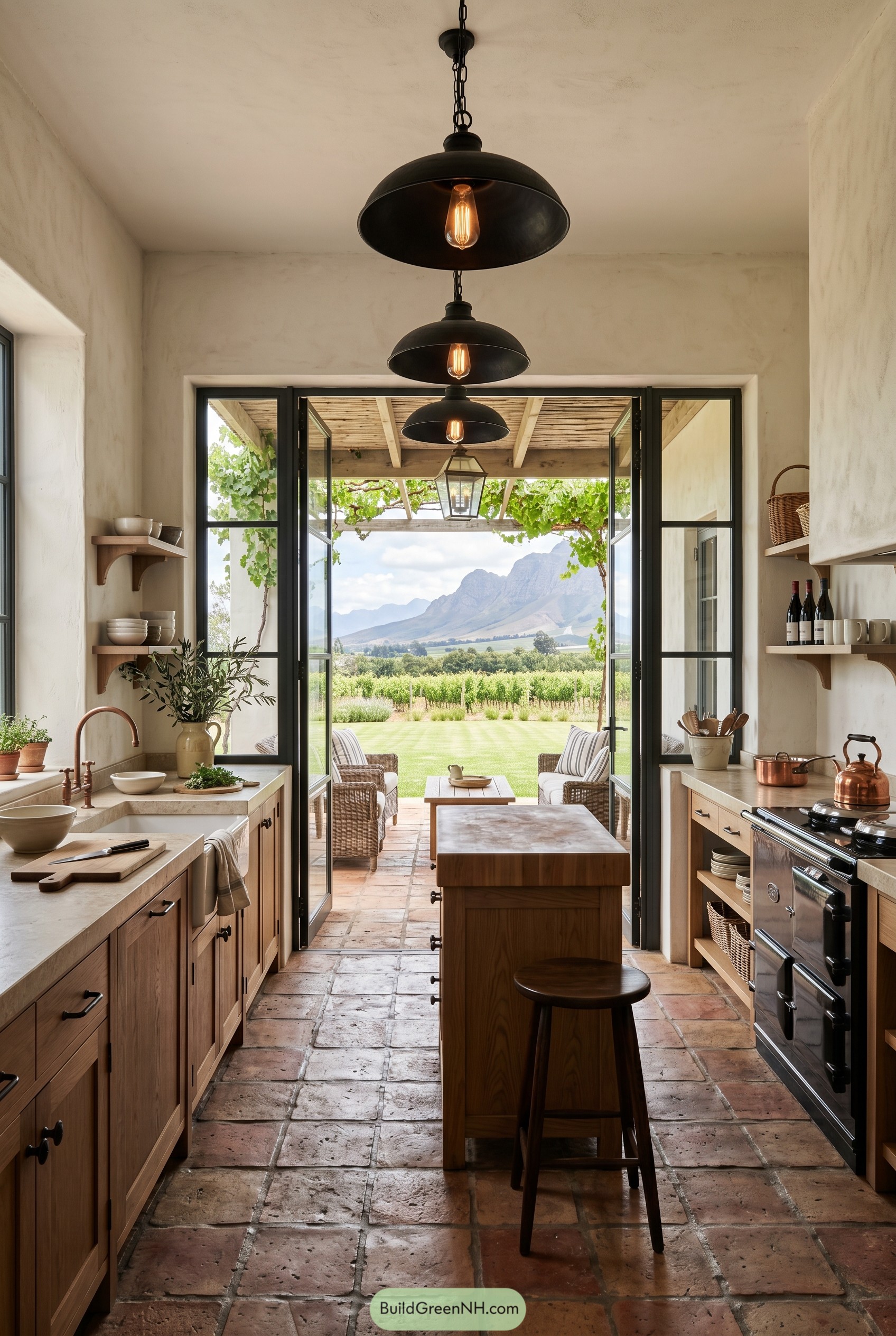 Farmhouse kitchen opening to mountain vineyard