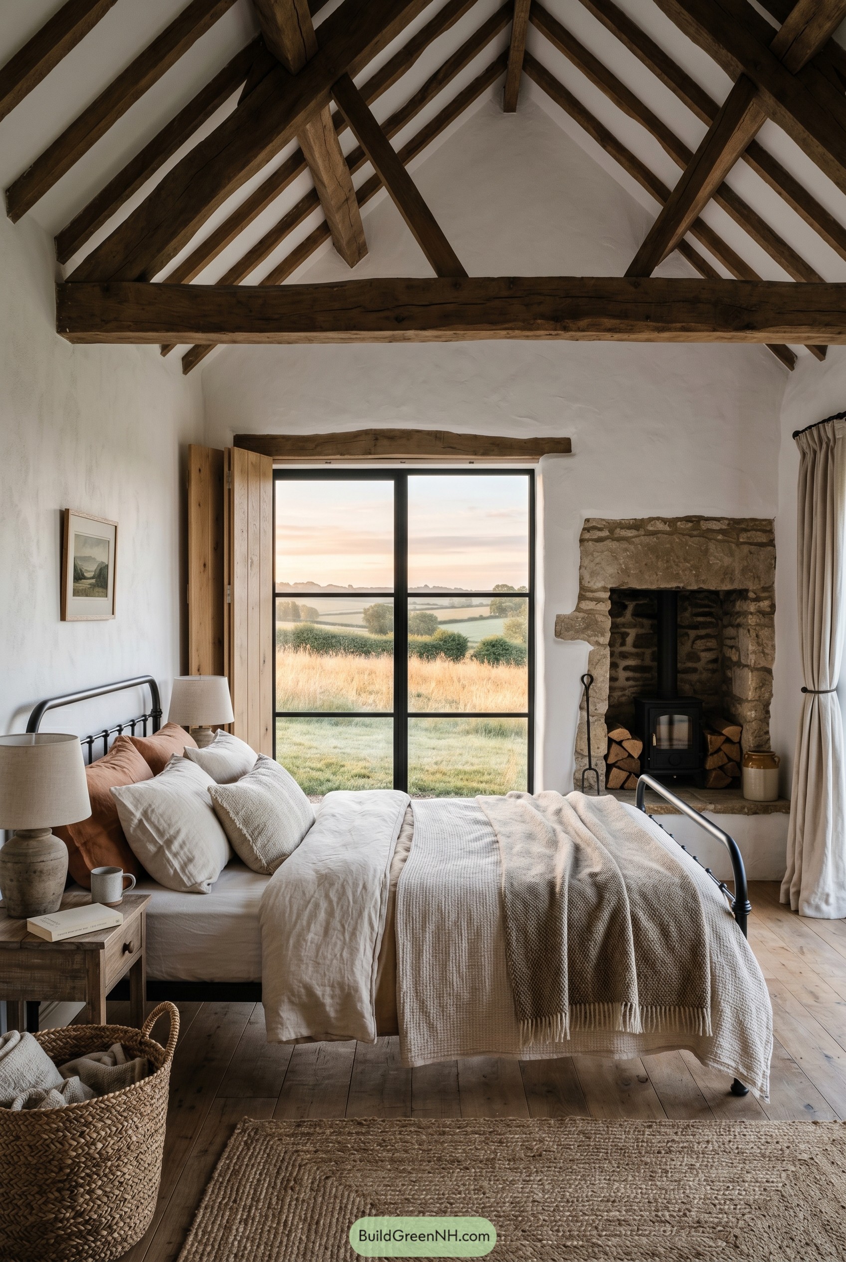 Farmhouse bedroom with exposed rafters and stone fireplace