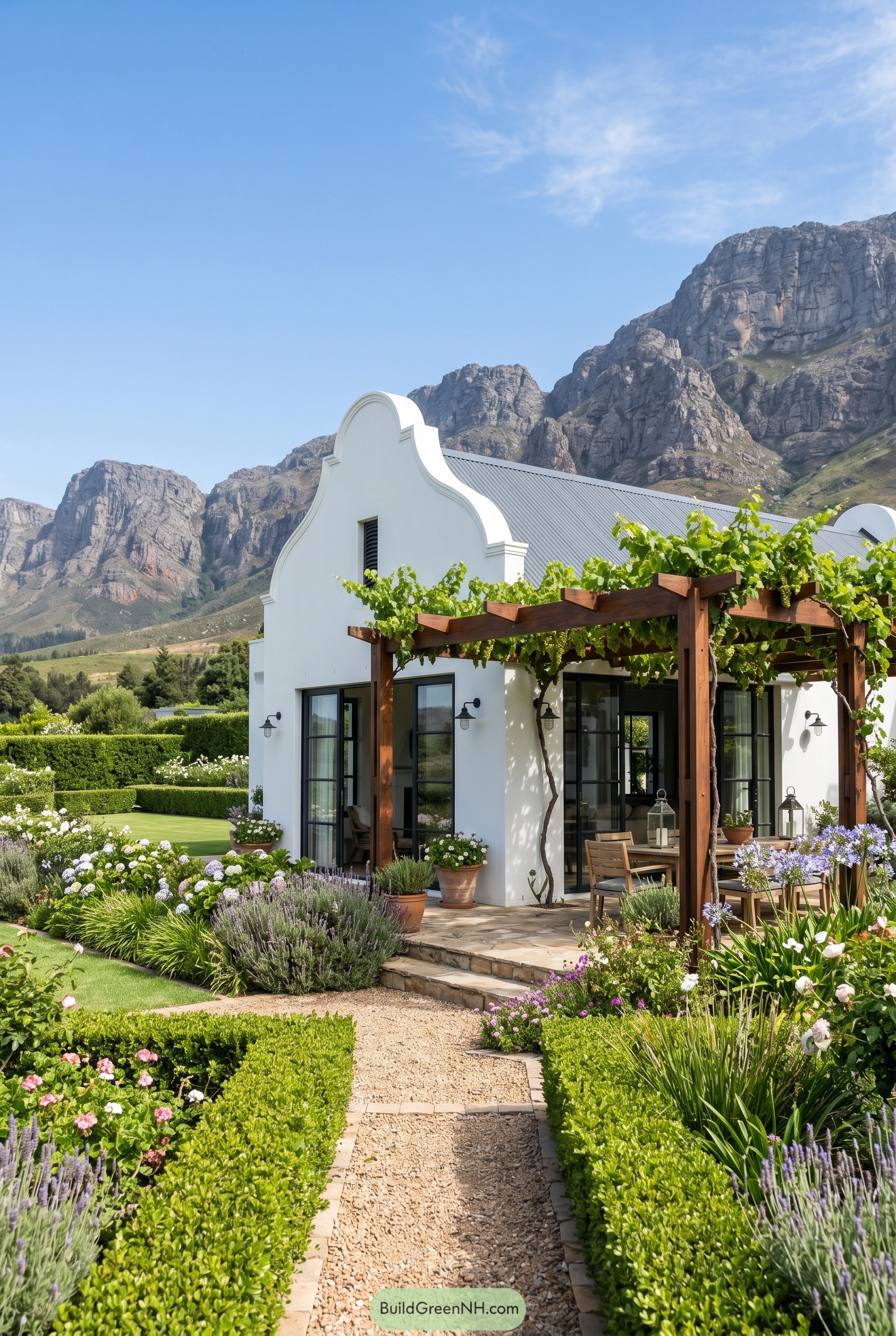 White Cape Dutch farmhouse with vine pergola and mountain backdrop