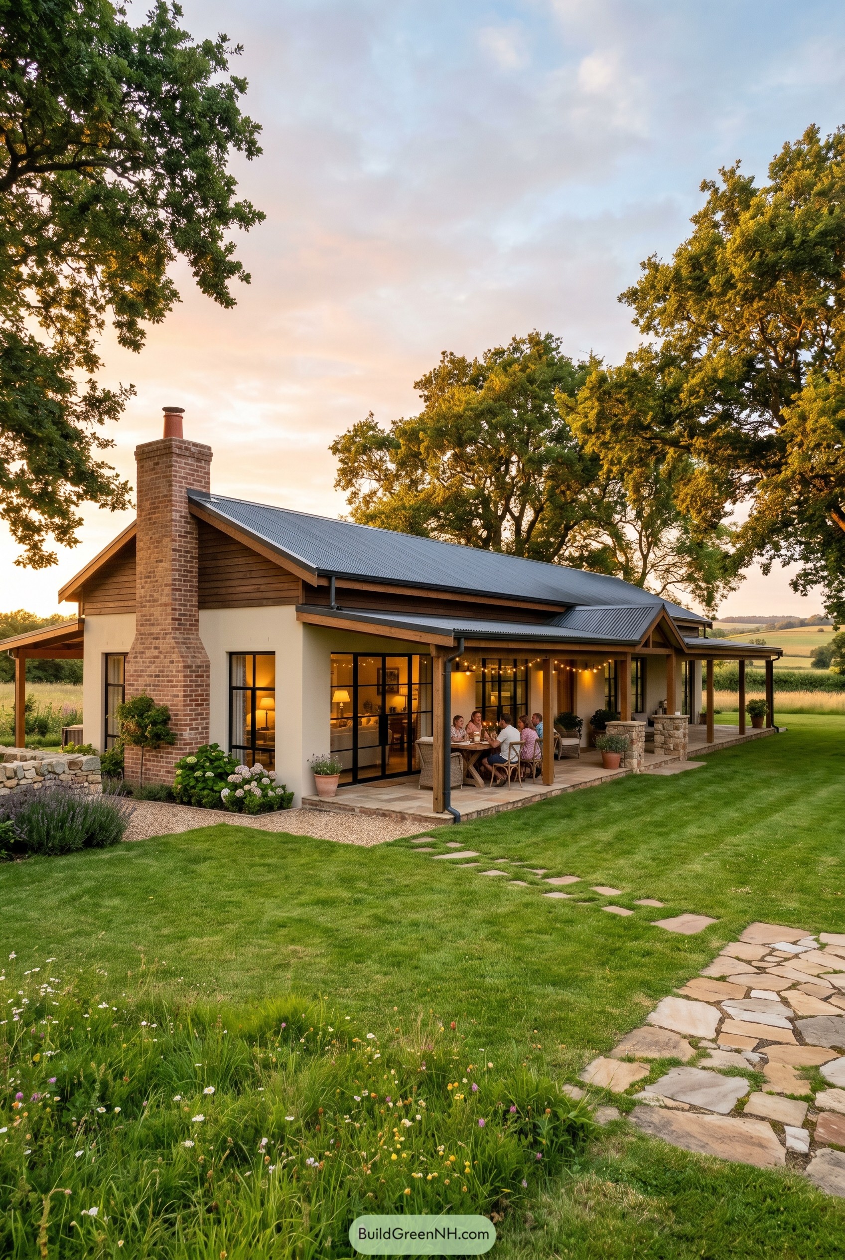 Modern farmhouse with veranda and brick chimney