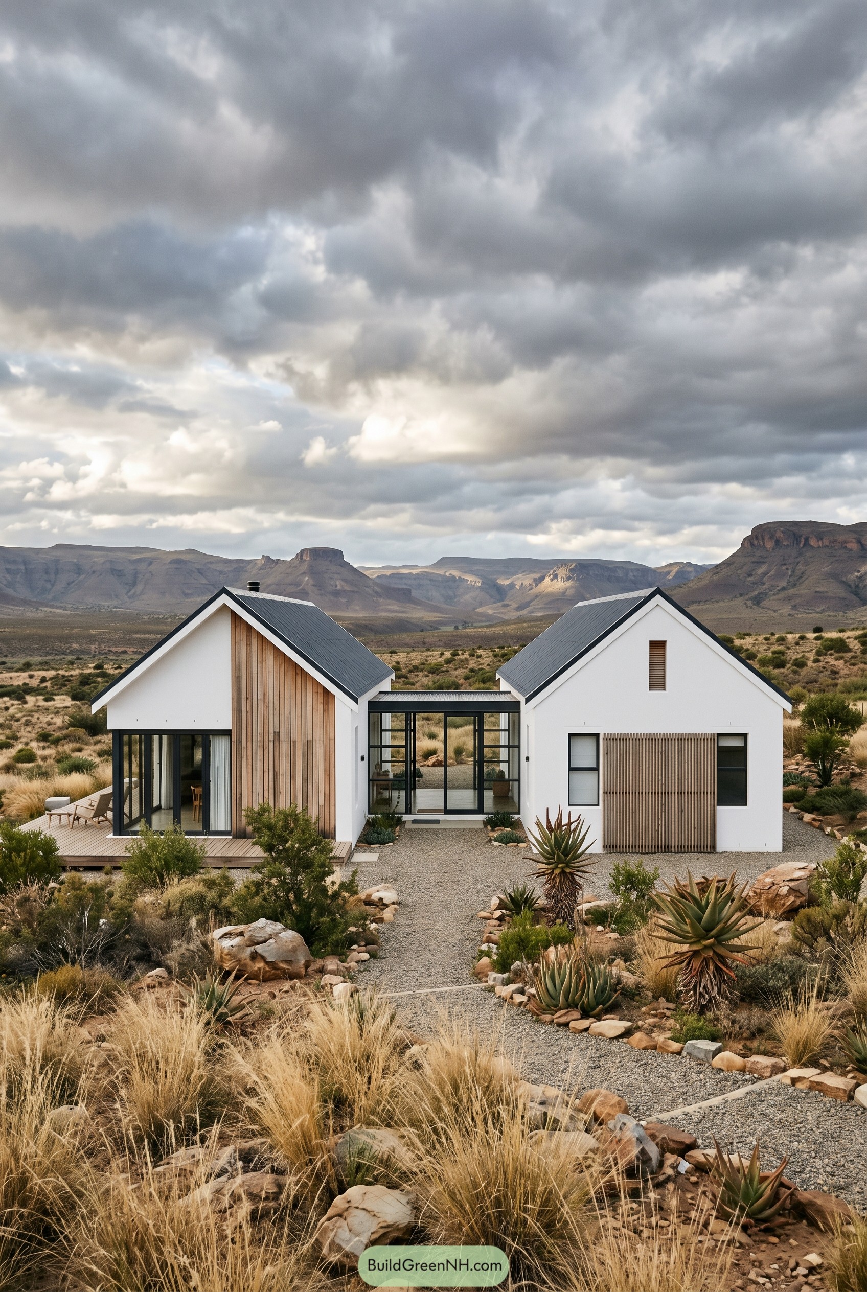 Twin gabled farmhouse in dry mountain scrub