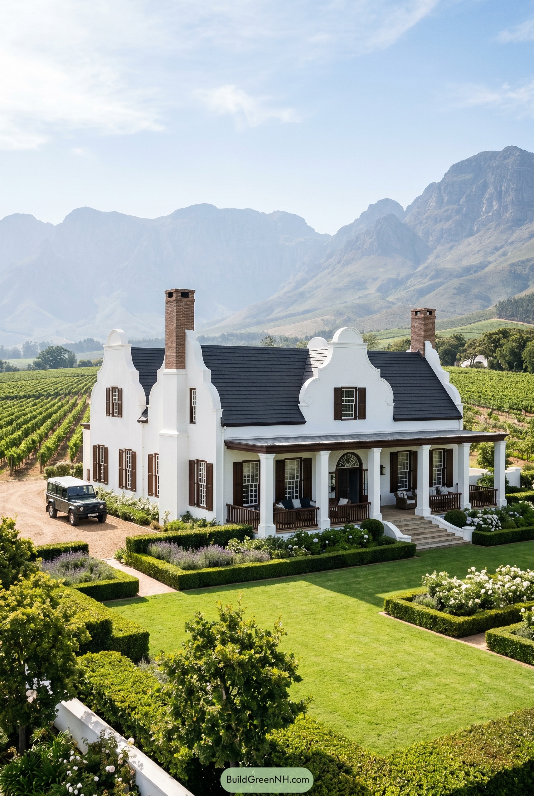 White Cape Dutch home amid vineyards and mountains