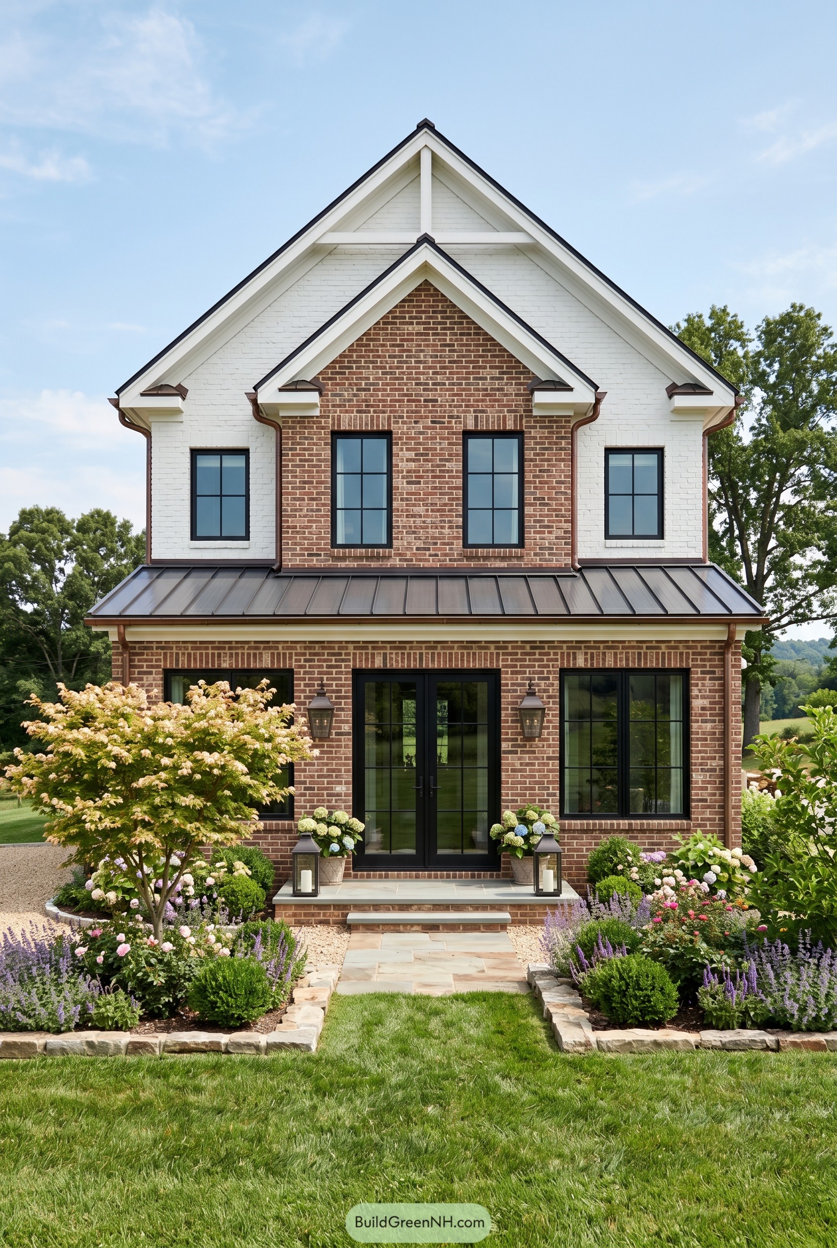 Brick farmhouse with white gables and flower garden