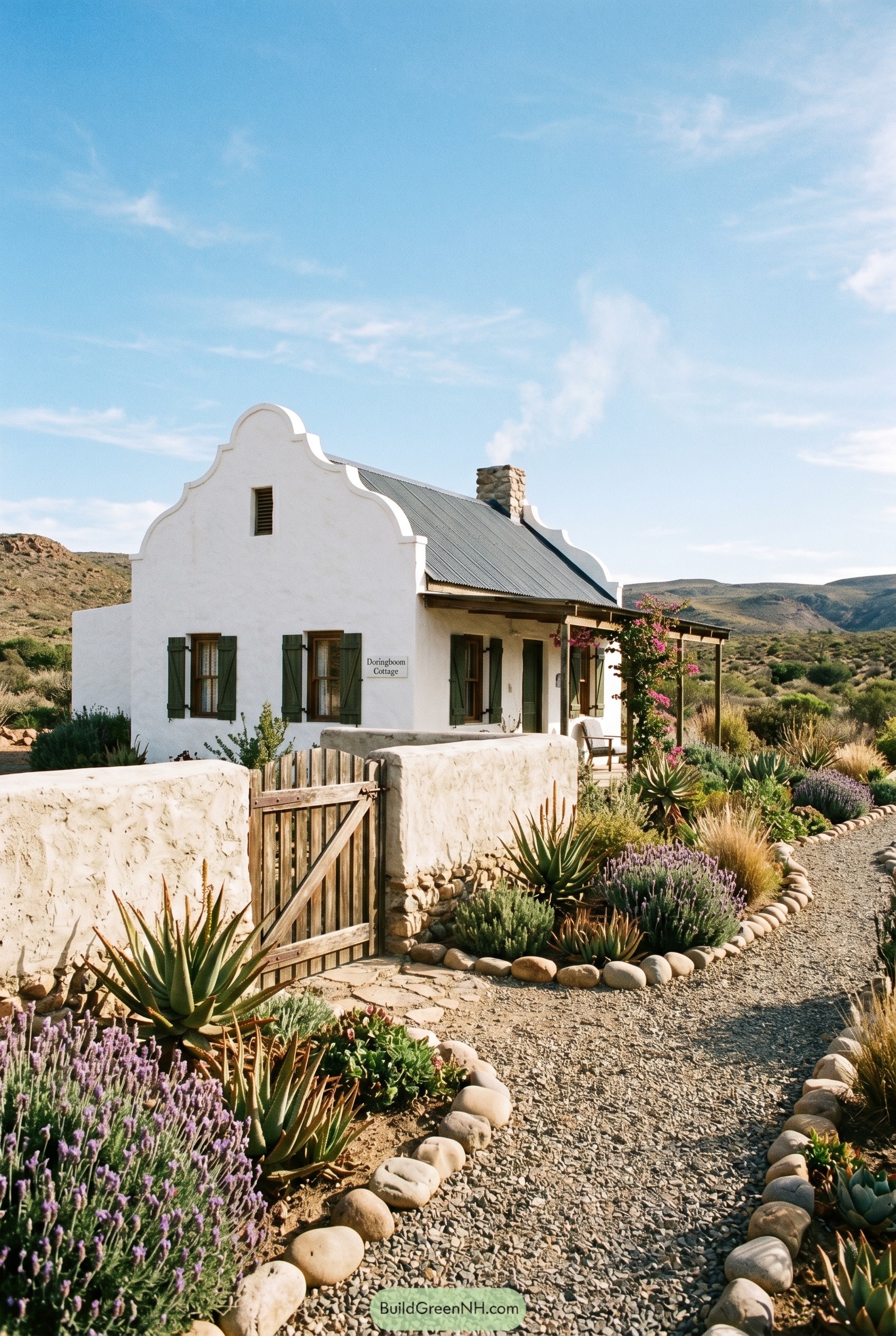 White Cape Dutch cottage with green shutters