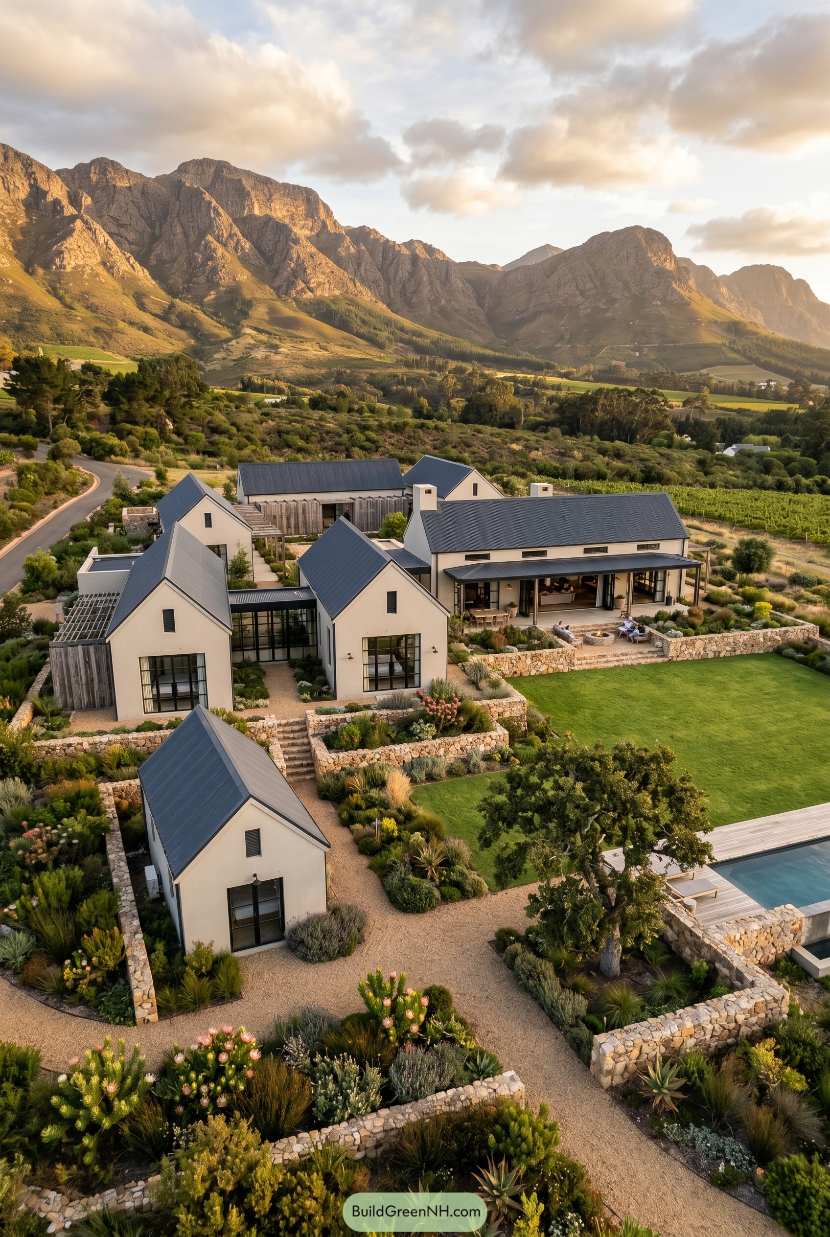 Modern farmhouse compound below South African mountains