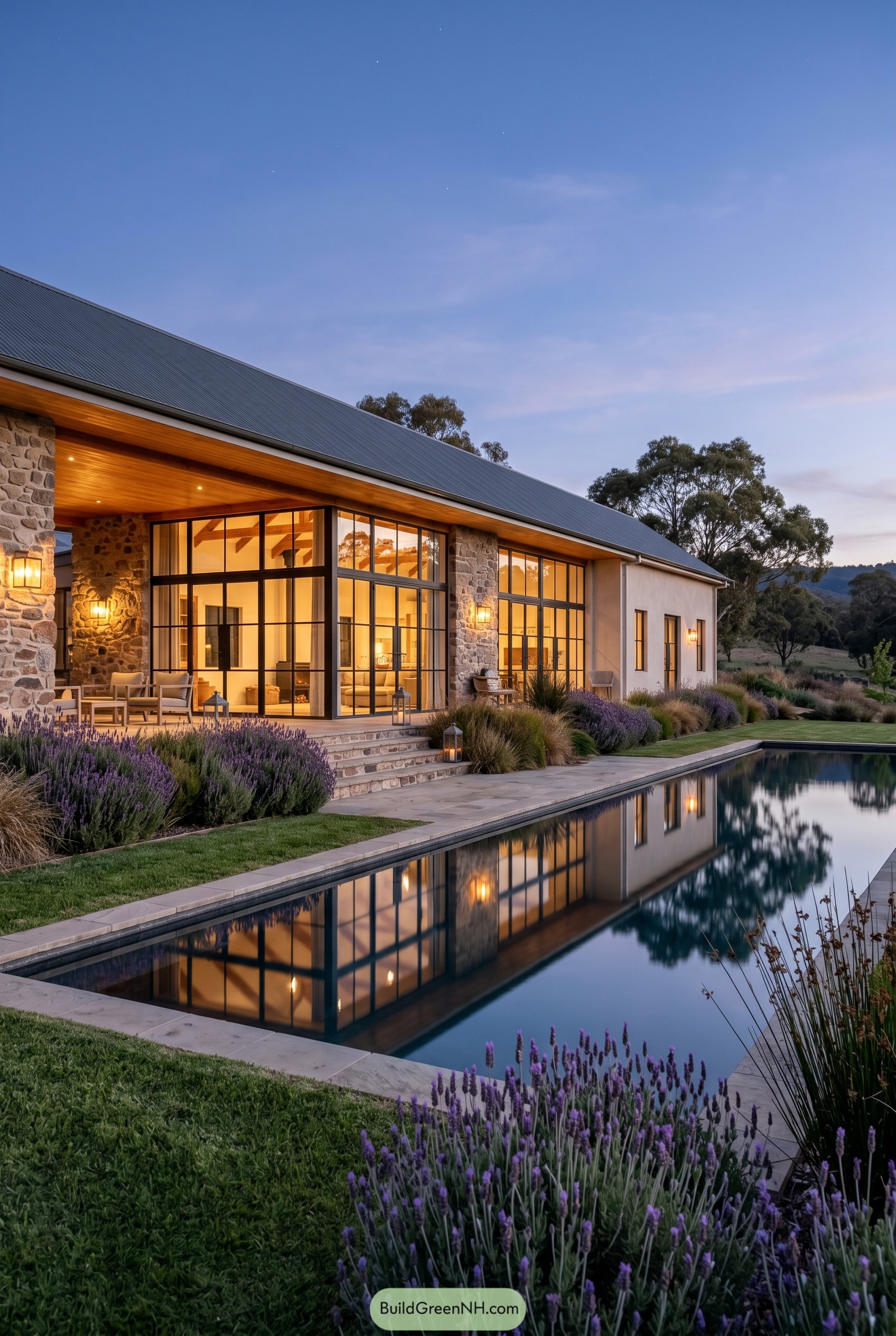Stone farmhouse with pool and lavender at dusk