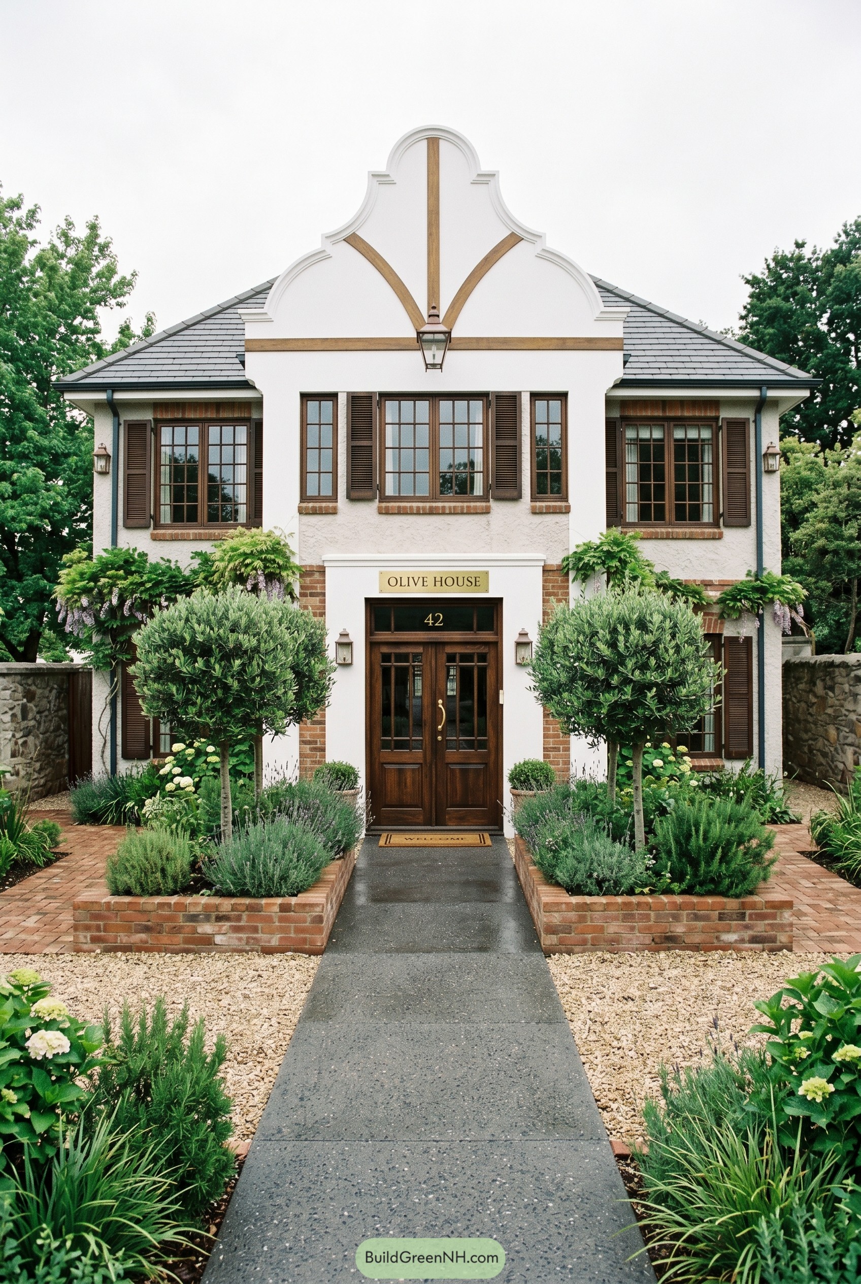 White gabled farmhouse with shutters and garden