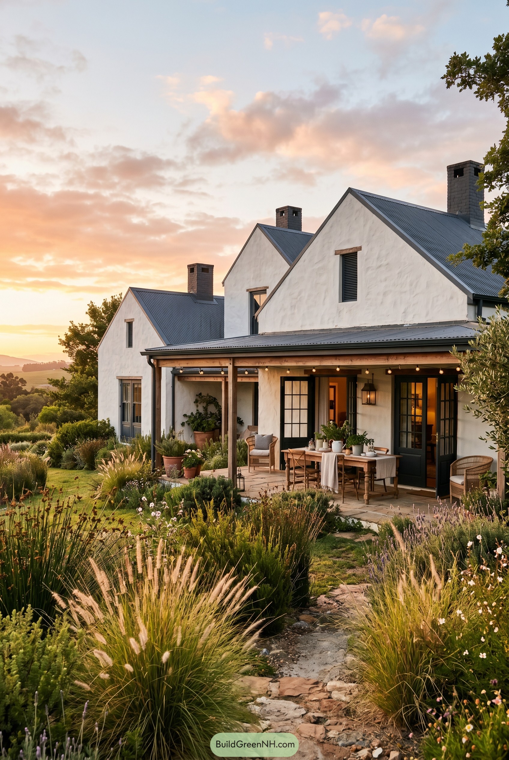 White gabled farmhouse with veranda and garden patio