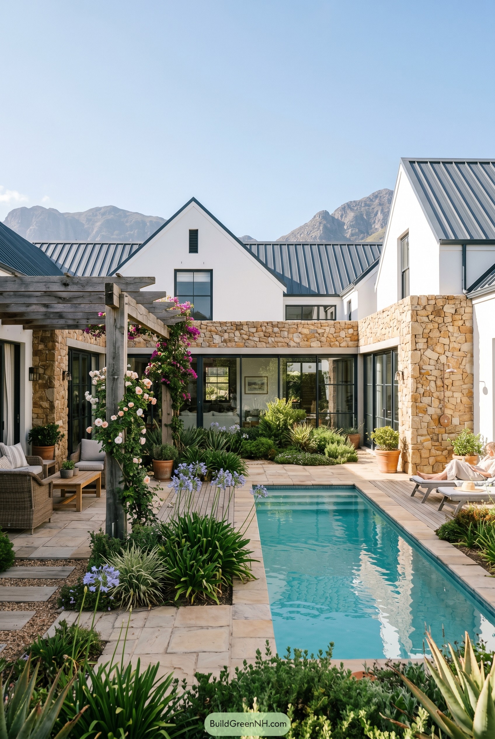 White farmhouse courtyard with pool and mountain views