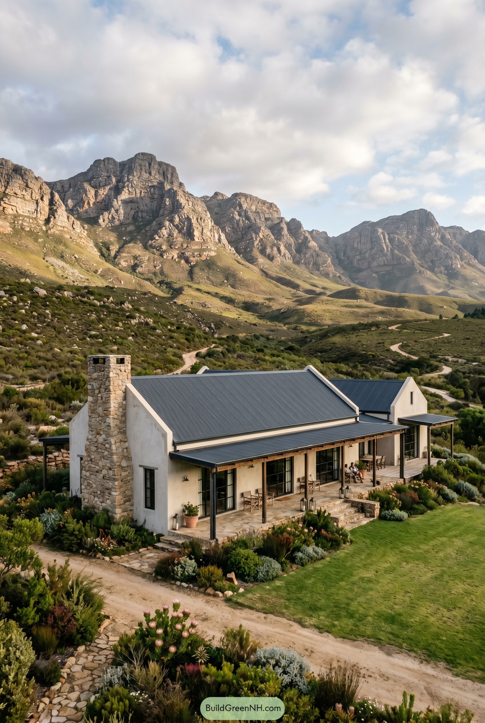 White farmhouse with metal roof below mountains