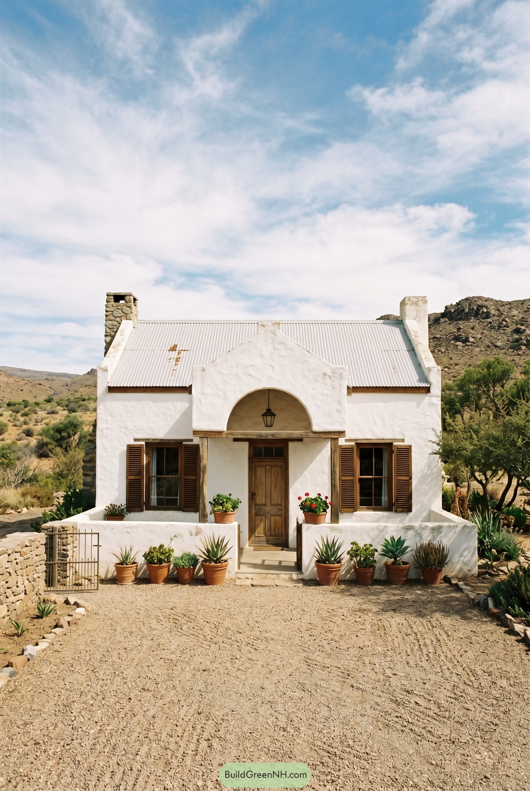 White farmhouse with arched stoep and shutters
