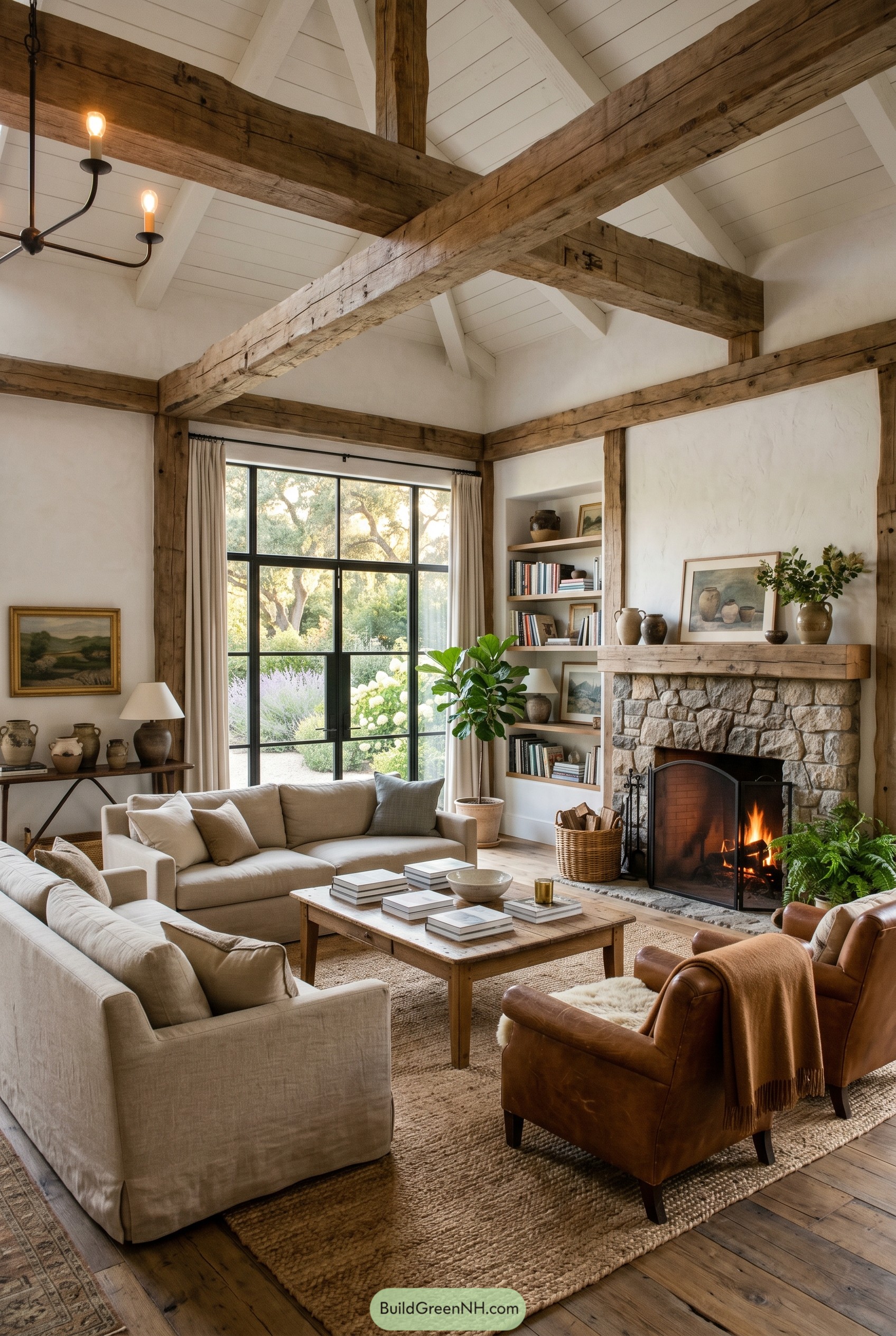 Vaulted farmhouse lounge with timber beams and stone fireplace