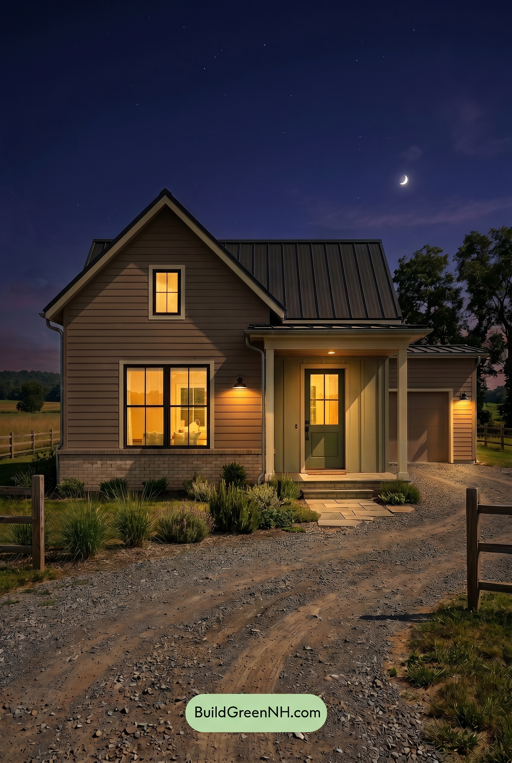 Taupe House Exterior Color Scheme: Clay Taupe Retreat - Nighttime