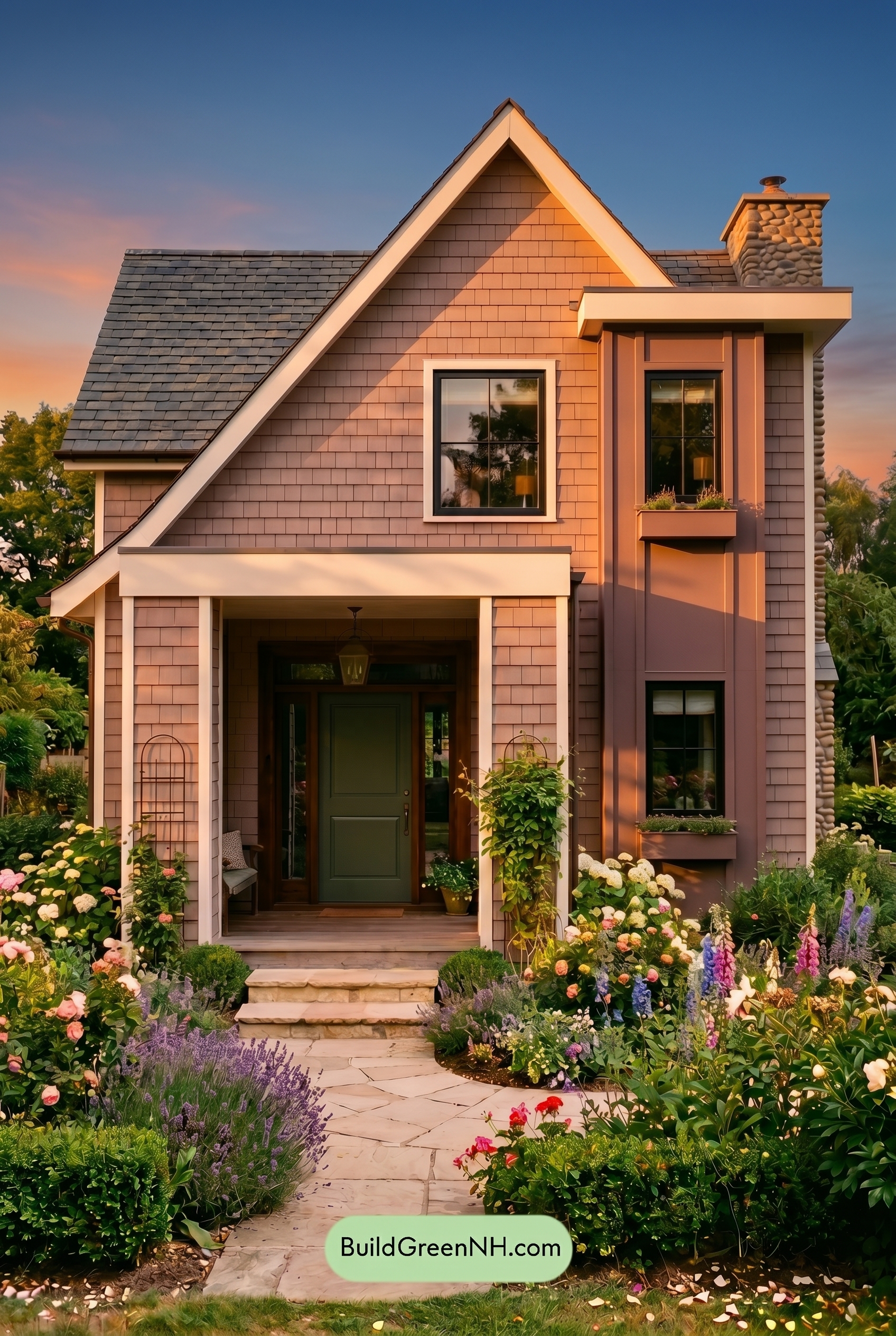 Taupe House Exterior Color Scheme: Rosy Taupe Garden - Golden Hour