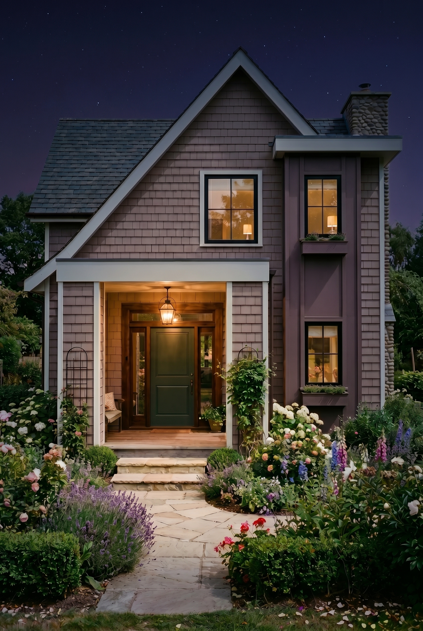 Taupe House Exterior Color Scheme: Rosy Taupe Garden - Nighttime