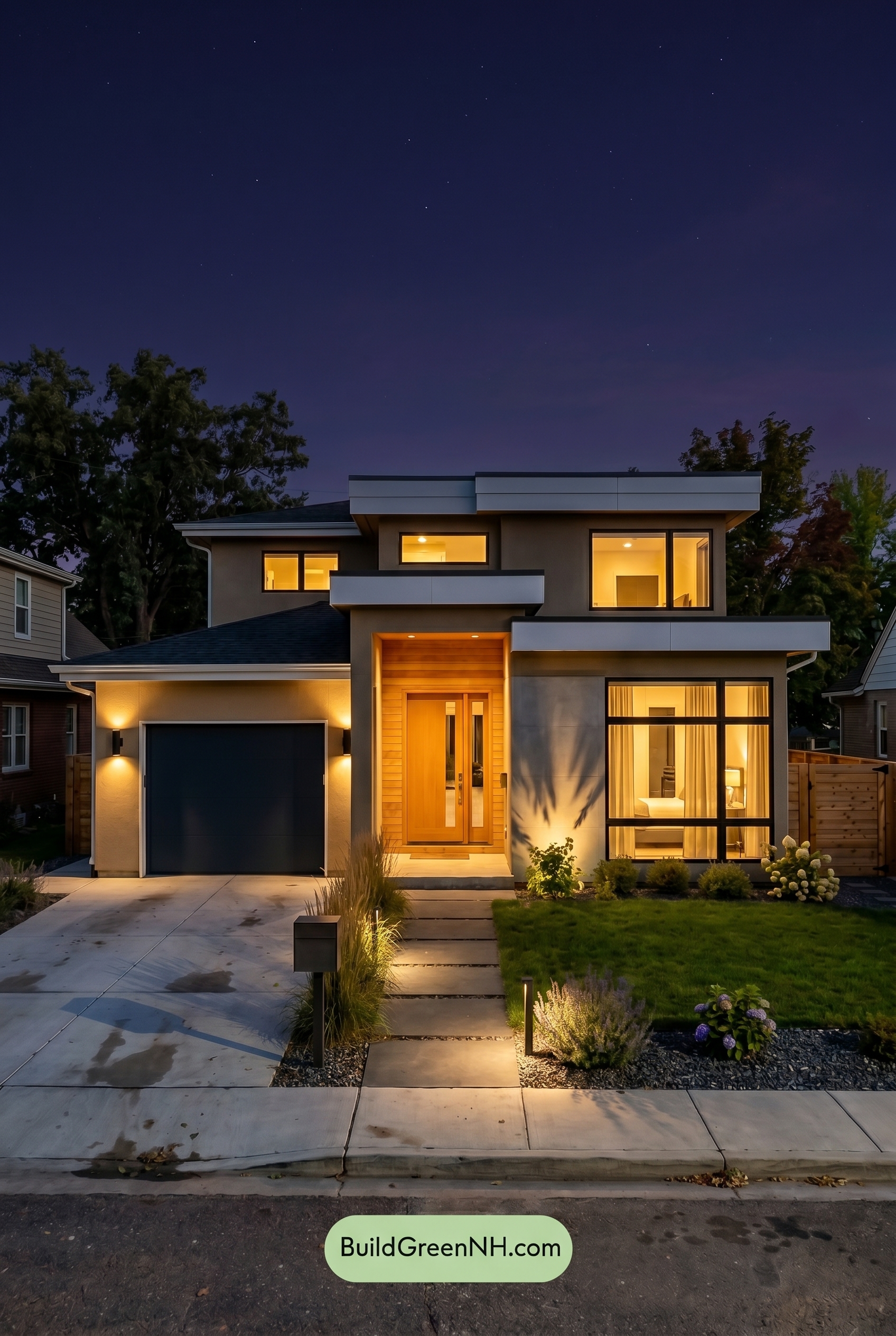 Taupe House Exterior Color Scheme: Sandy Taupe Edge - Nighttime