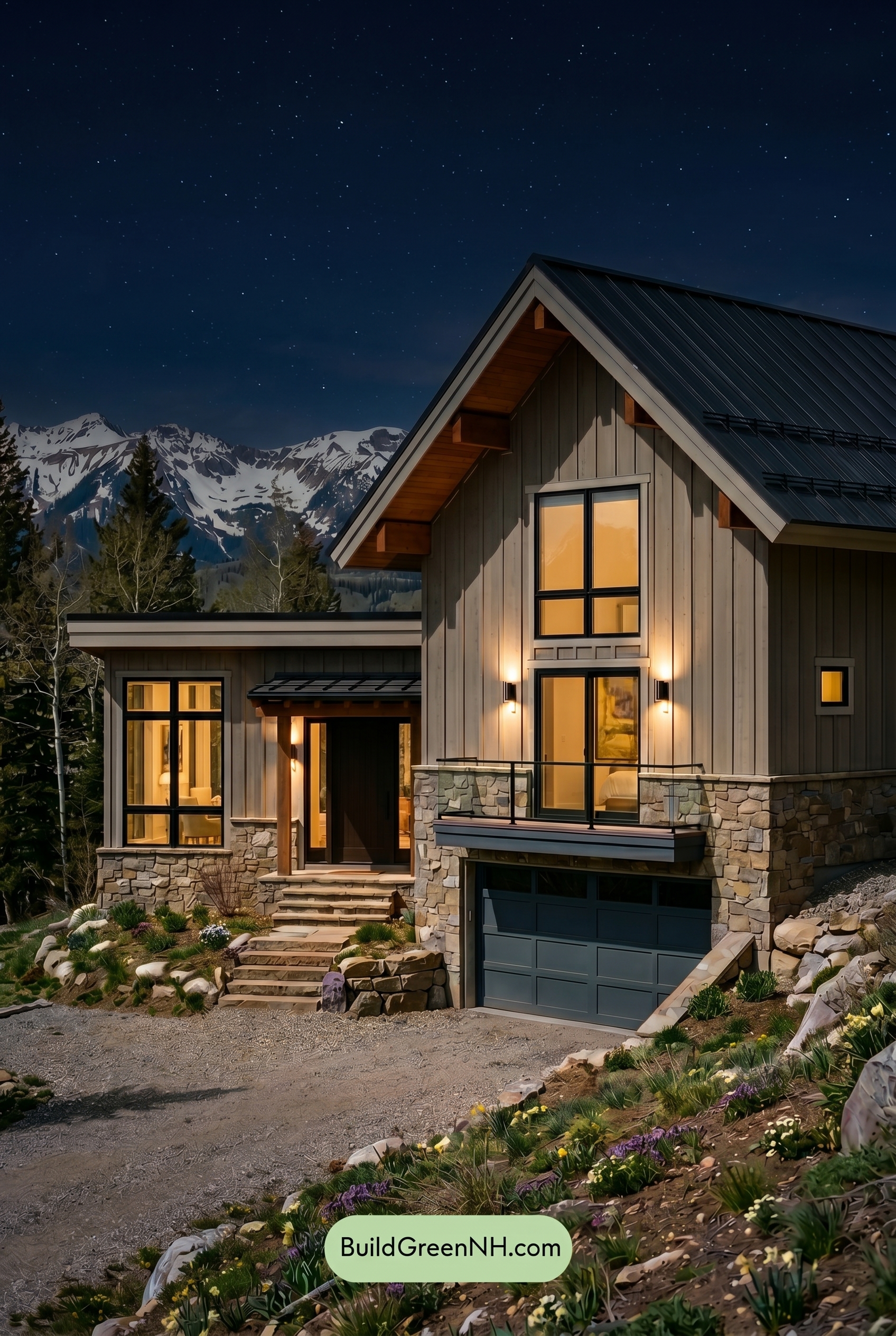 Taupe House Exterior Color Scheme: Stone Taupe Lift - Nighttime