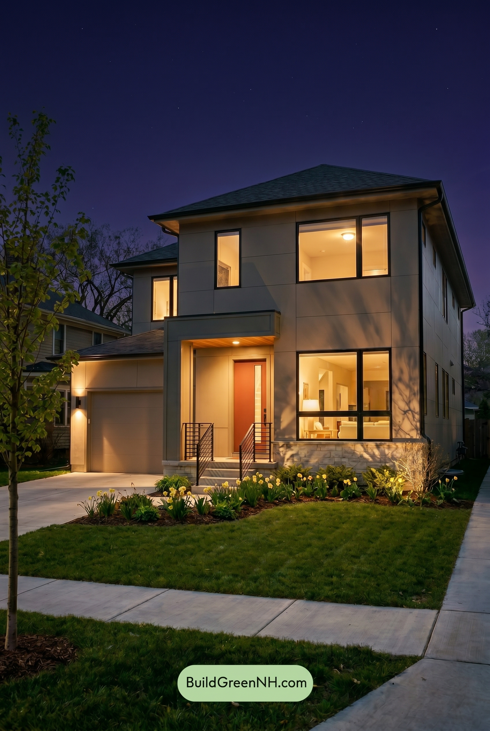 Taupe House Exterior Color Scheme: Warm Taupe Welcome - Nighttime
