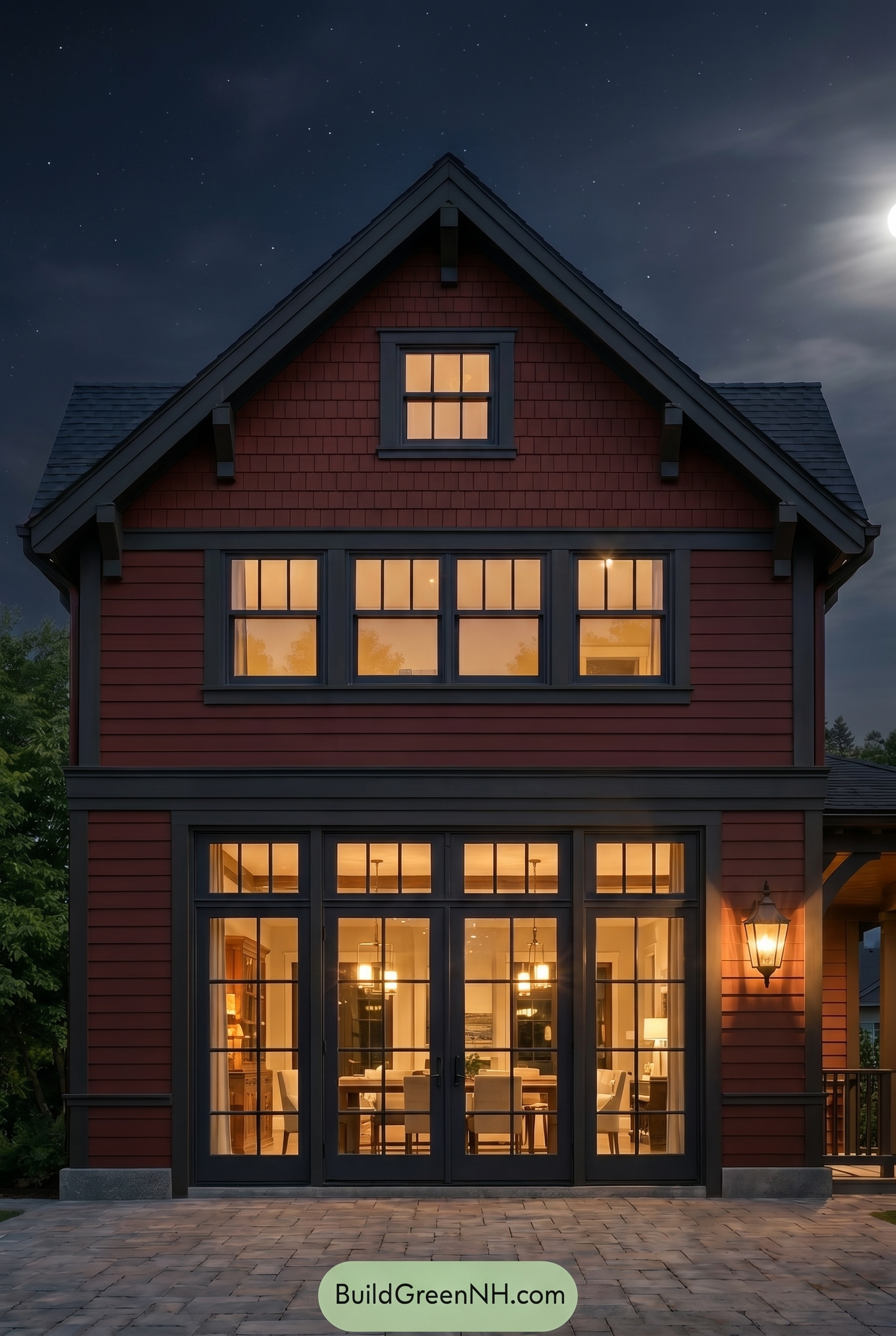 Traditional Red House Exterior Color Scheme: Red Carriage Loft - Nighttime