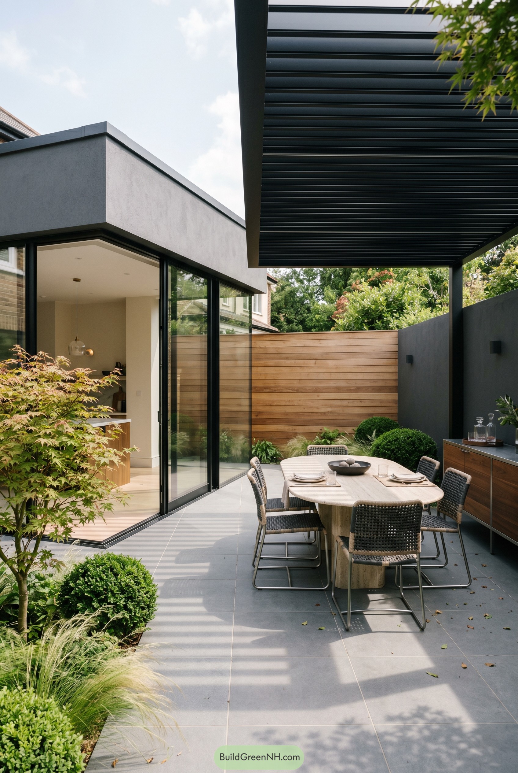 Modern patio dining area with pergola