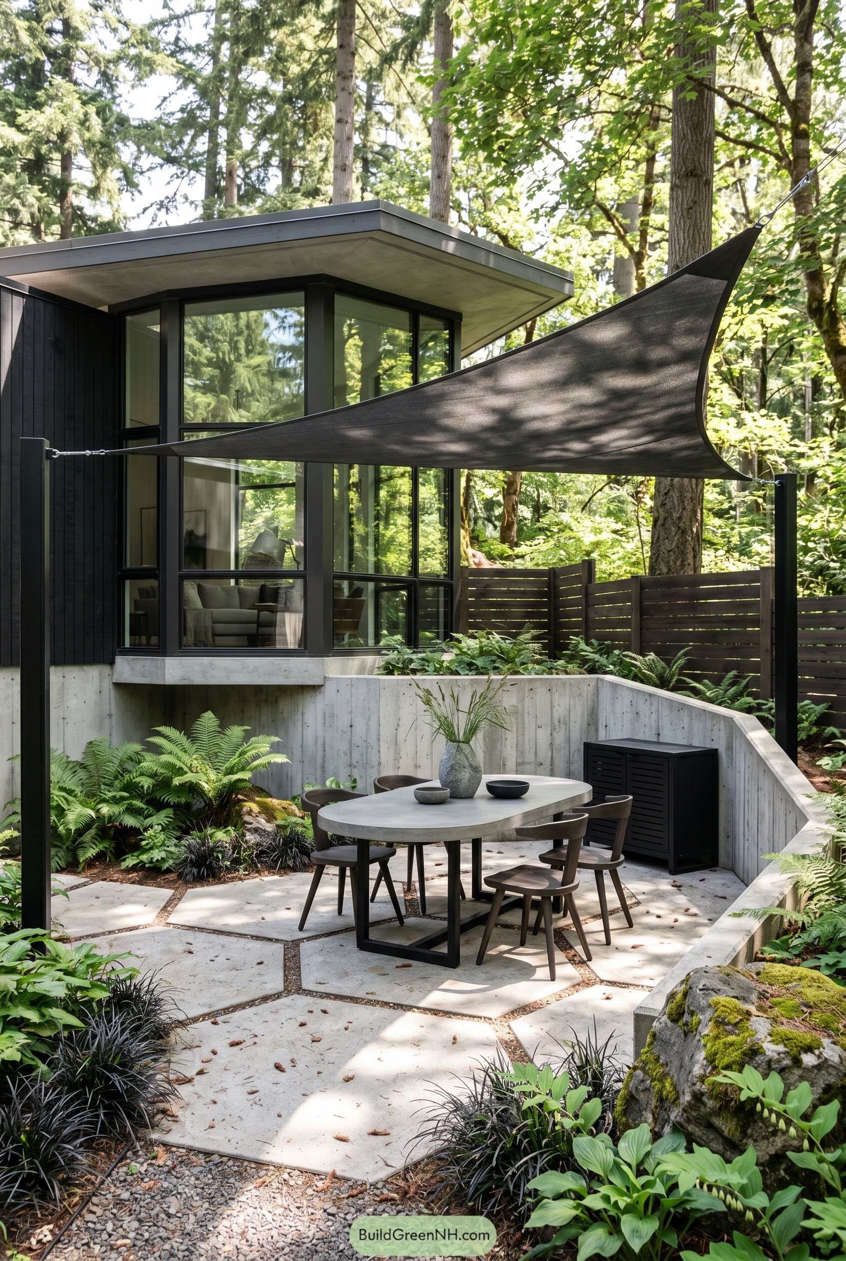 Modern forest patio with shade sail and dining table
