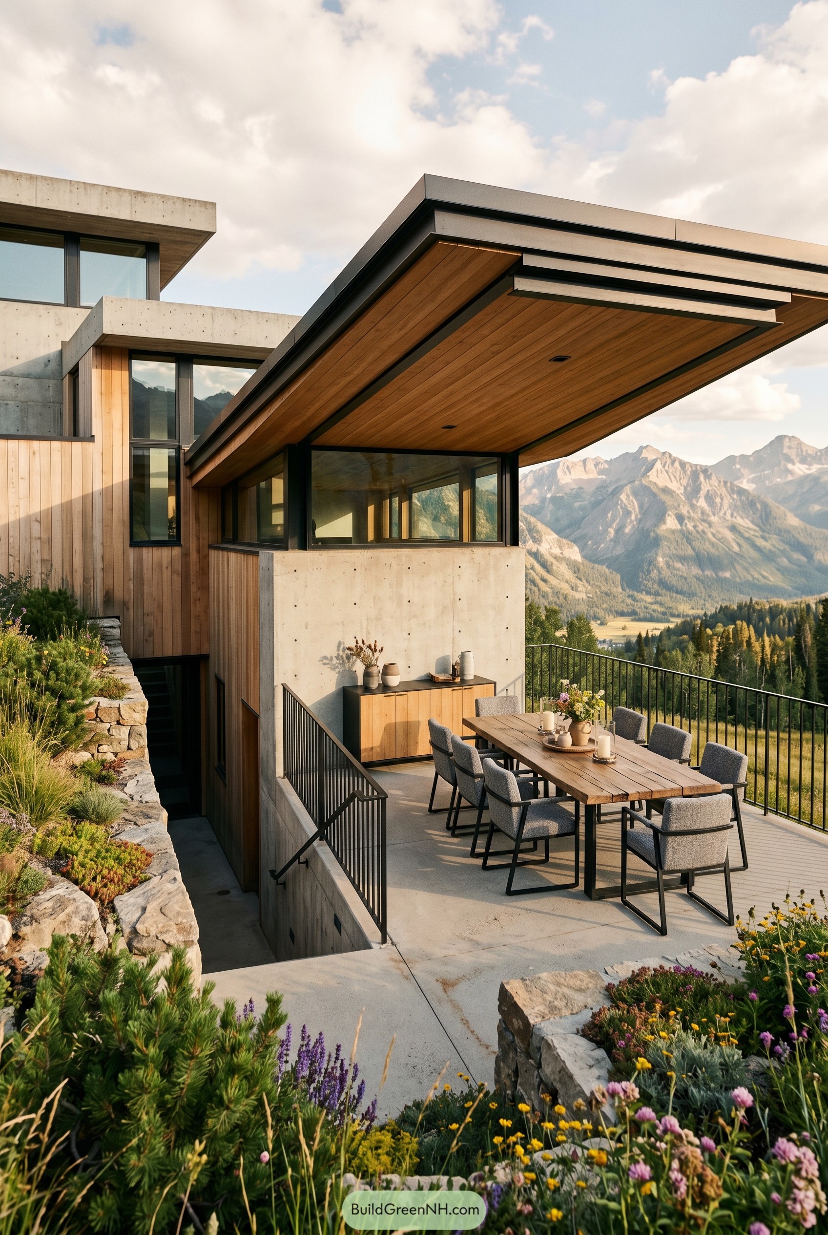 Modern mountain dining deck beneath cantilevered roof