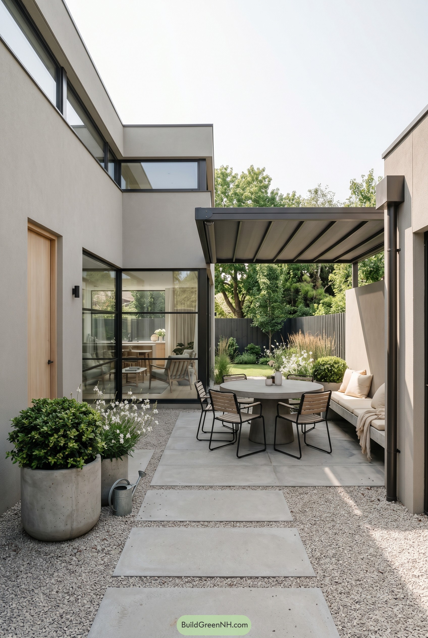 Modern courtyard patio with pergola dining area