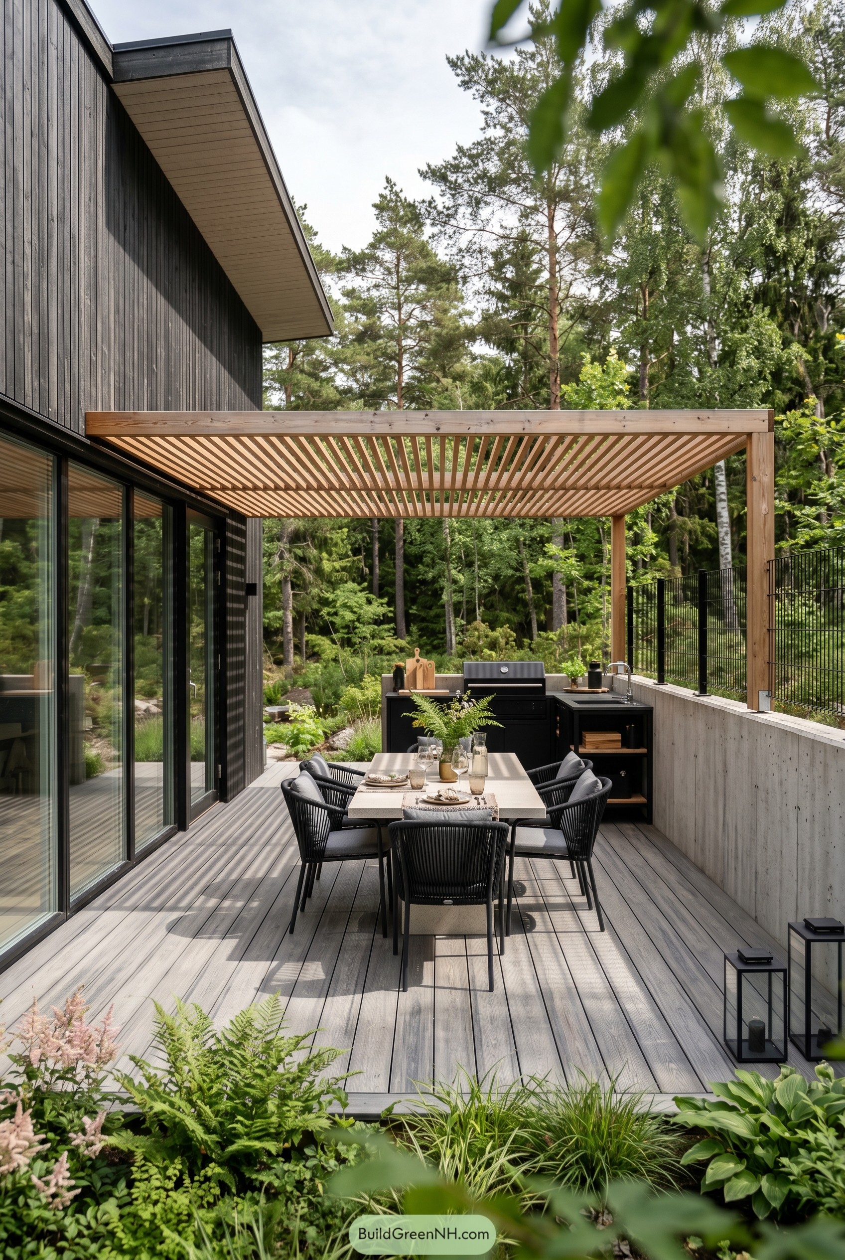 Modern deck dining area with slatted pergola and outdoor kitchen