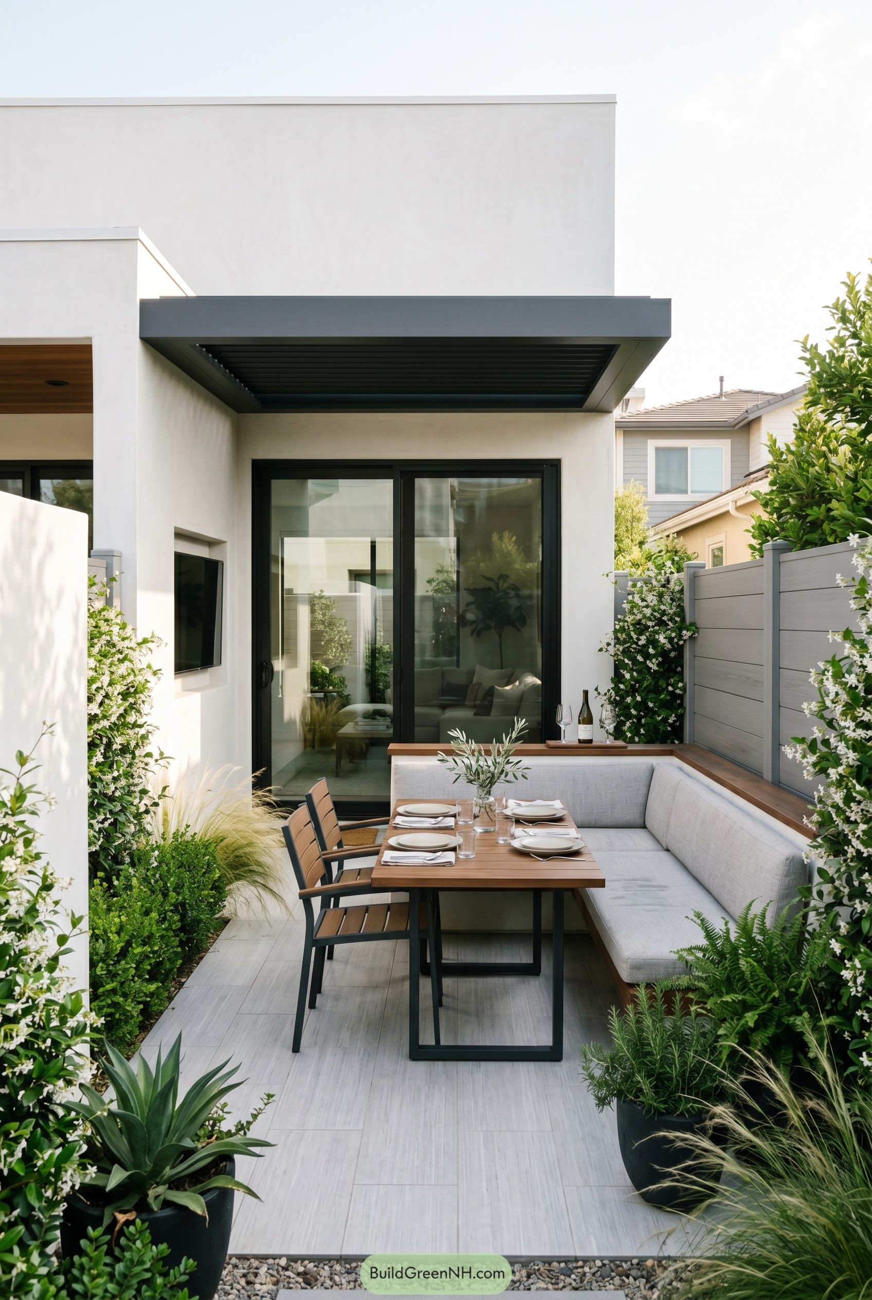 Modern side yard patio with built in bench dining