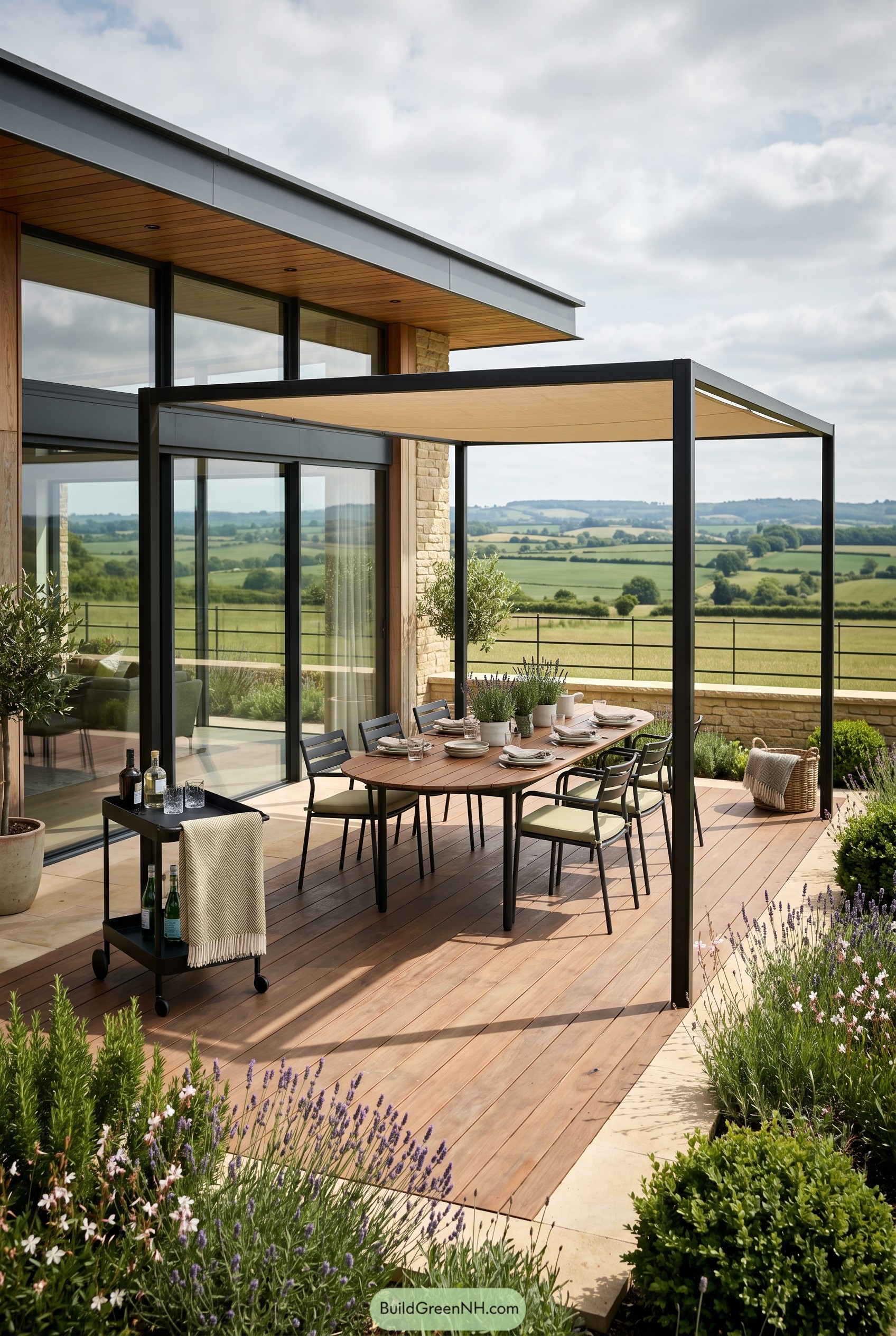 Modern dining deck with canopy and valley view