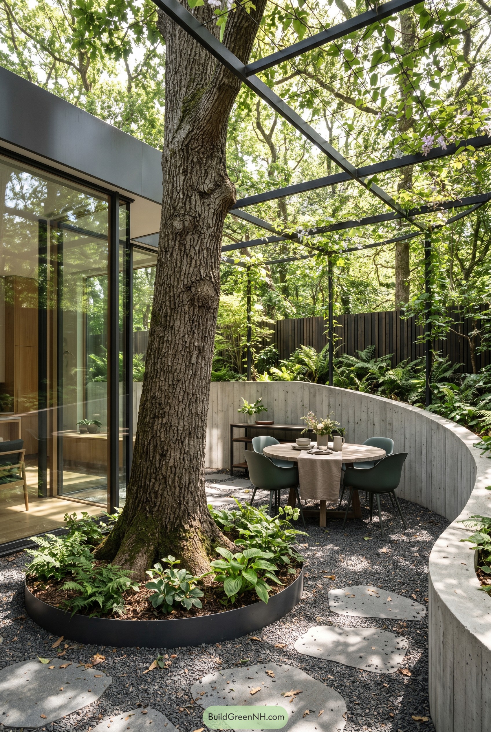 Modern courtyard dining area beneath a trellis and mature tree