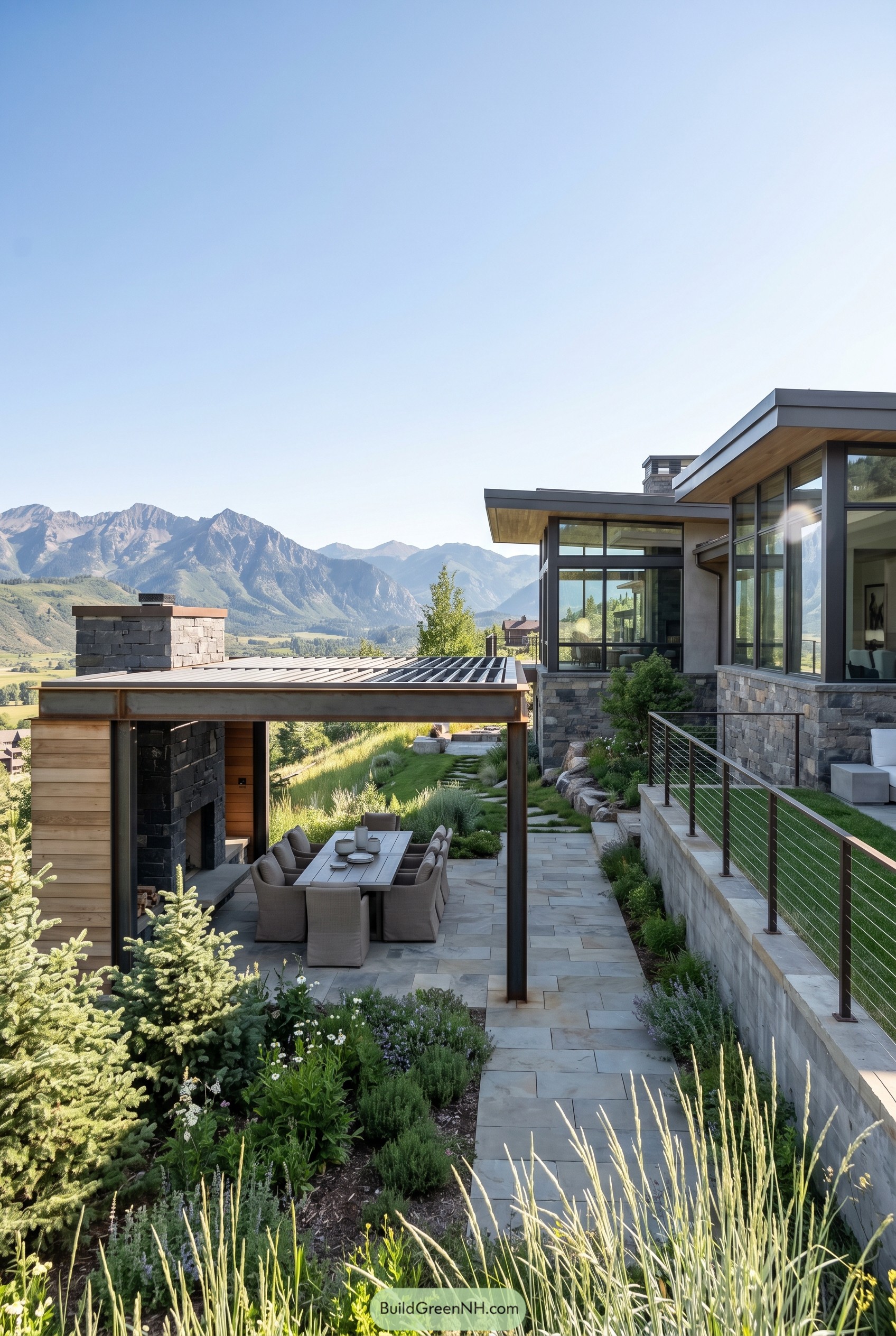 Modern covered dining patio with fireplace