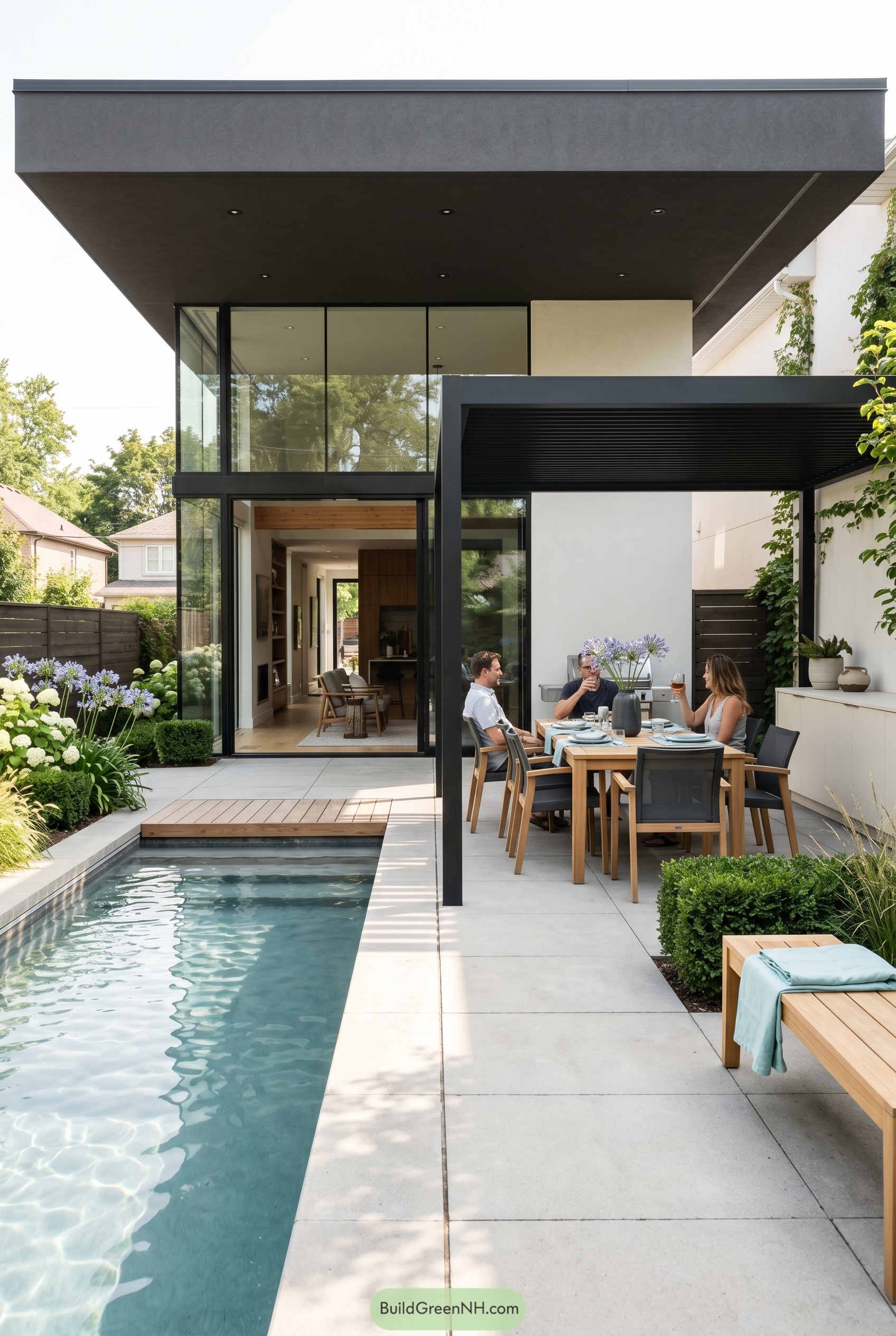 Modern poolside dining patio under black pergola