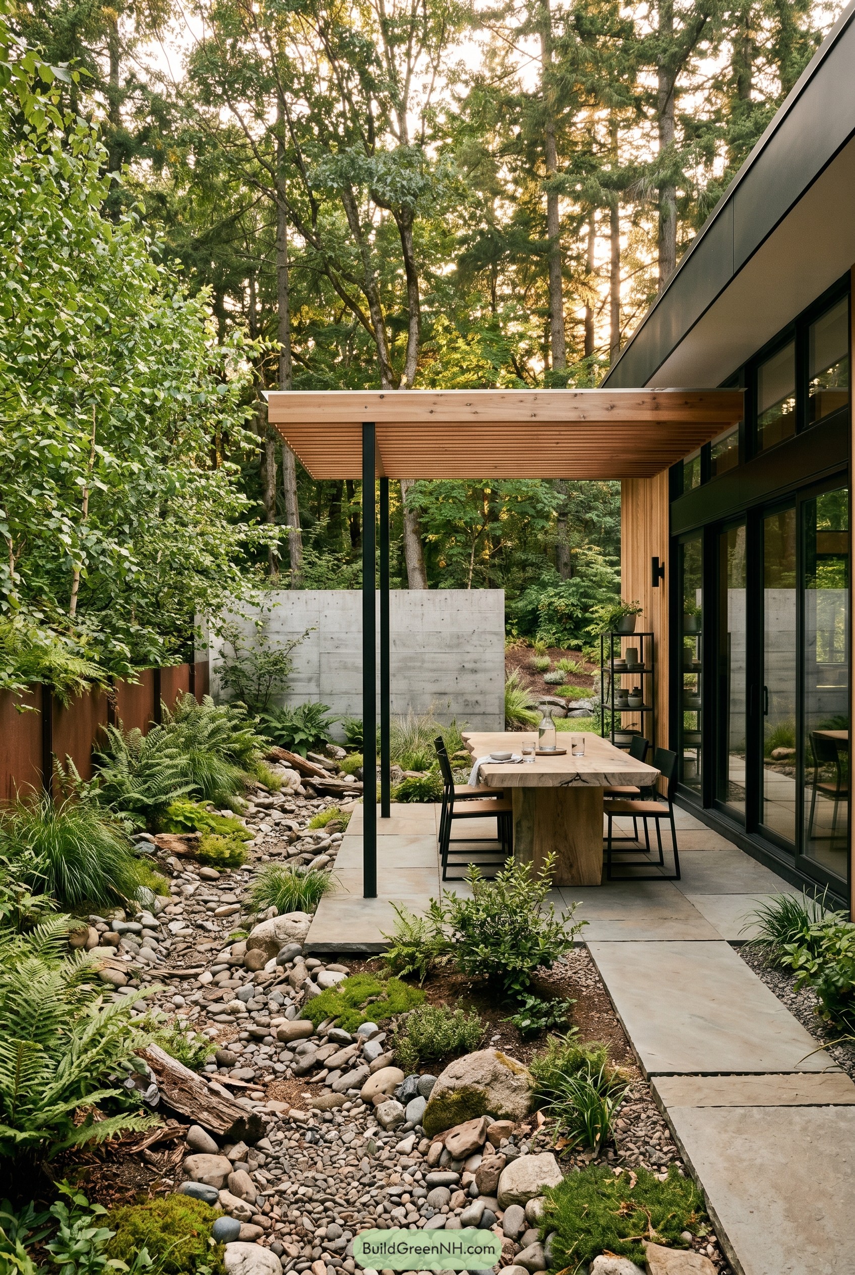 Modern covered dining patio beside a dry creek garden